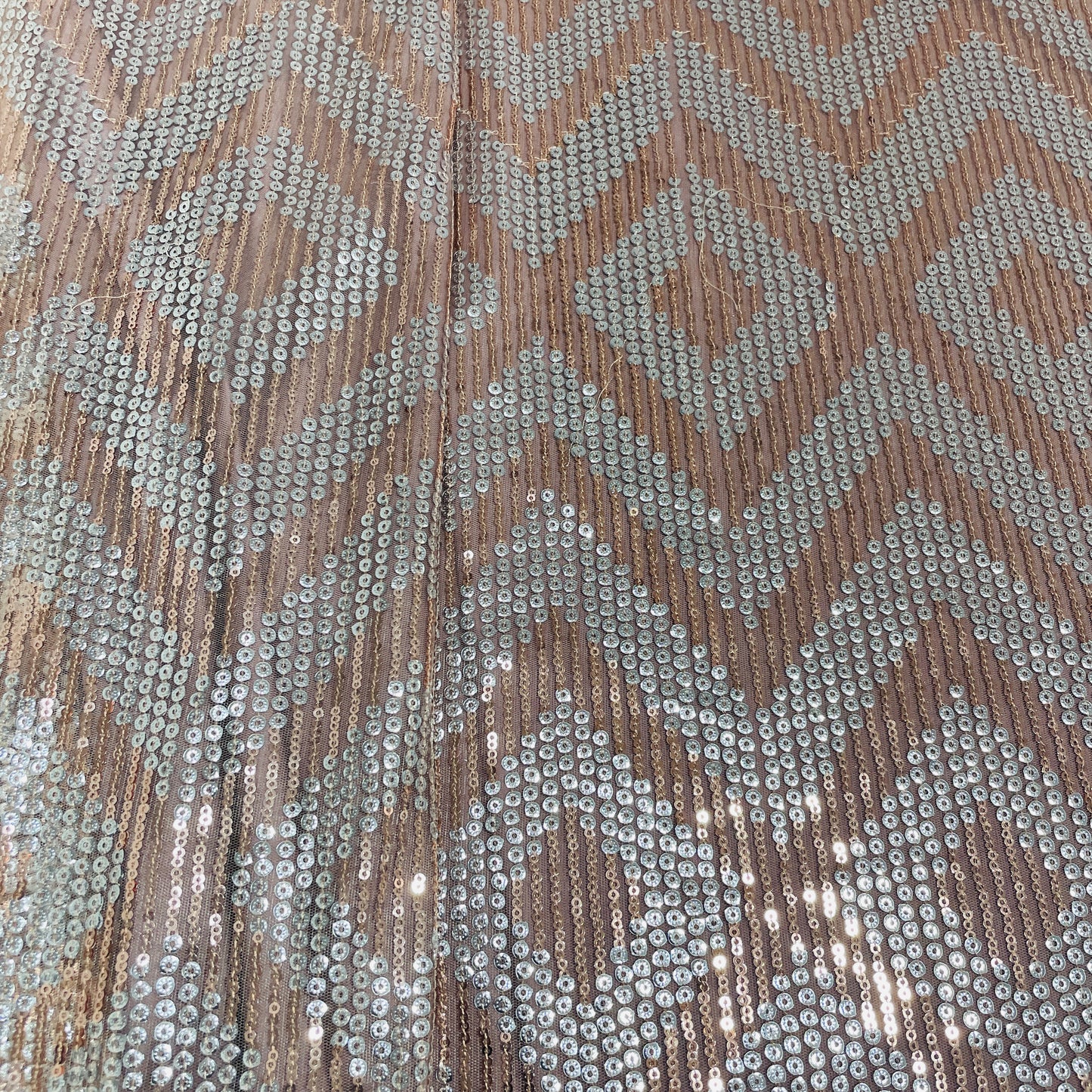 Peach Pink With Brown Silver Chevron Sequence Embroidery Net Fabric - TradeUNO
