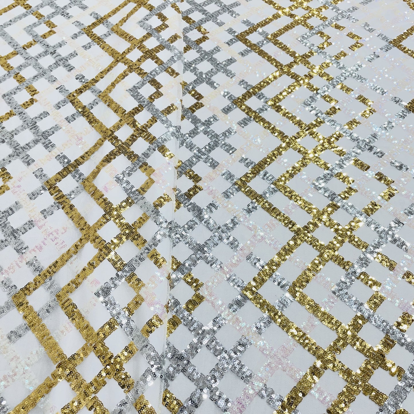 white with gold silver imported sequence embroidery powernet fabric