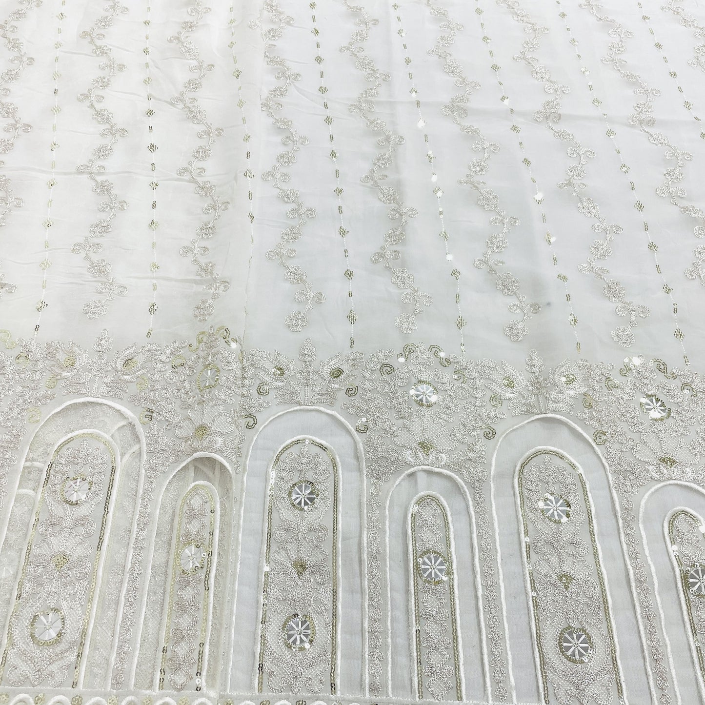White & Silver Floral Sequence Embroidery Dyeable Georgette Fabric