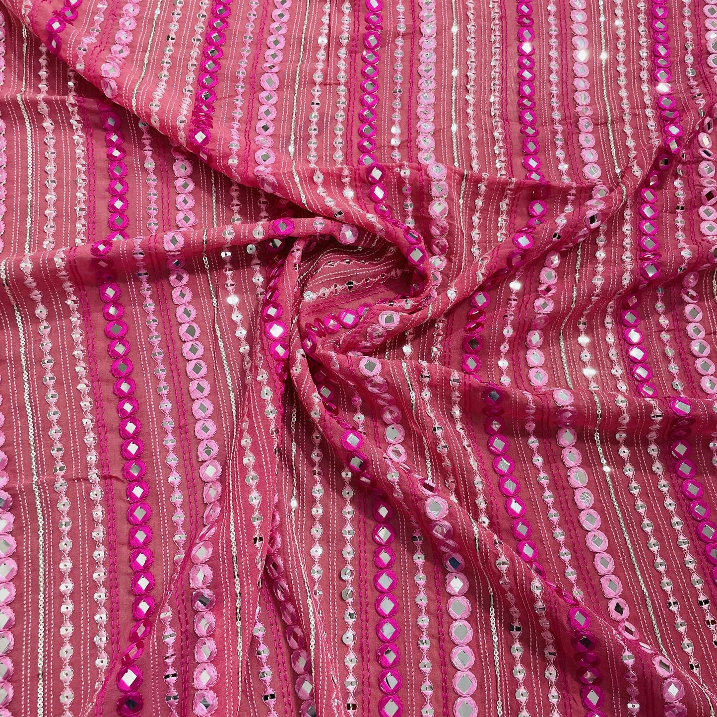 Pink Stripe With Mirror Work Embroidery Georgette Fabric