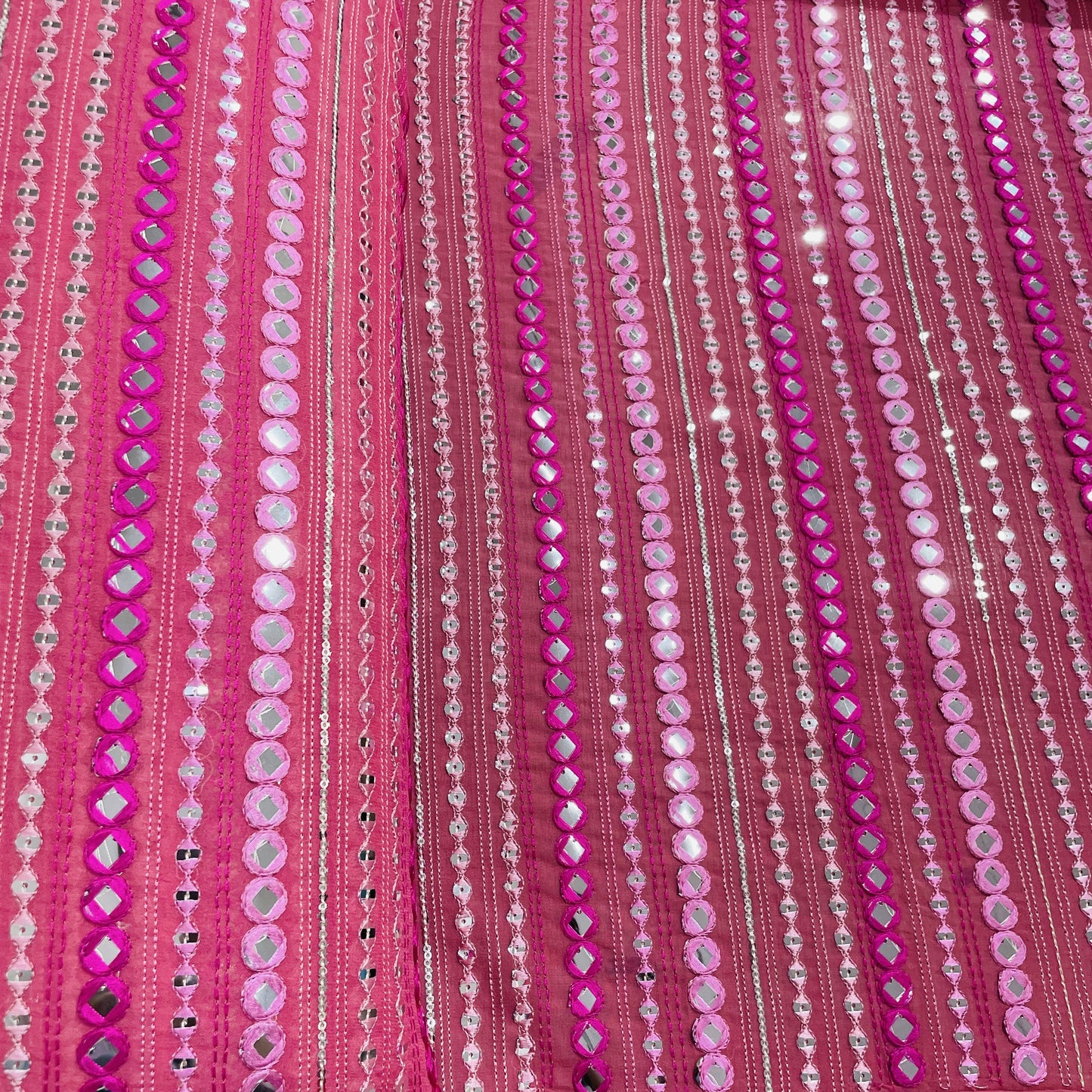 Pink Stripe With Mirror Work Embroidery Georgette Fabric