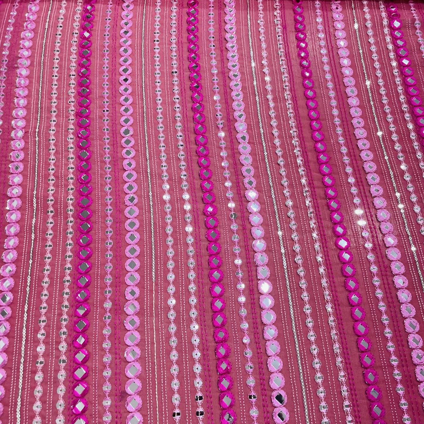Pink Stripe With Mirror Work Embroidery Georgette Fabric