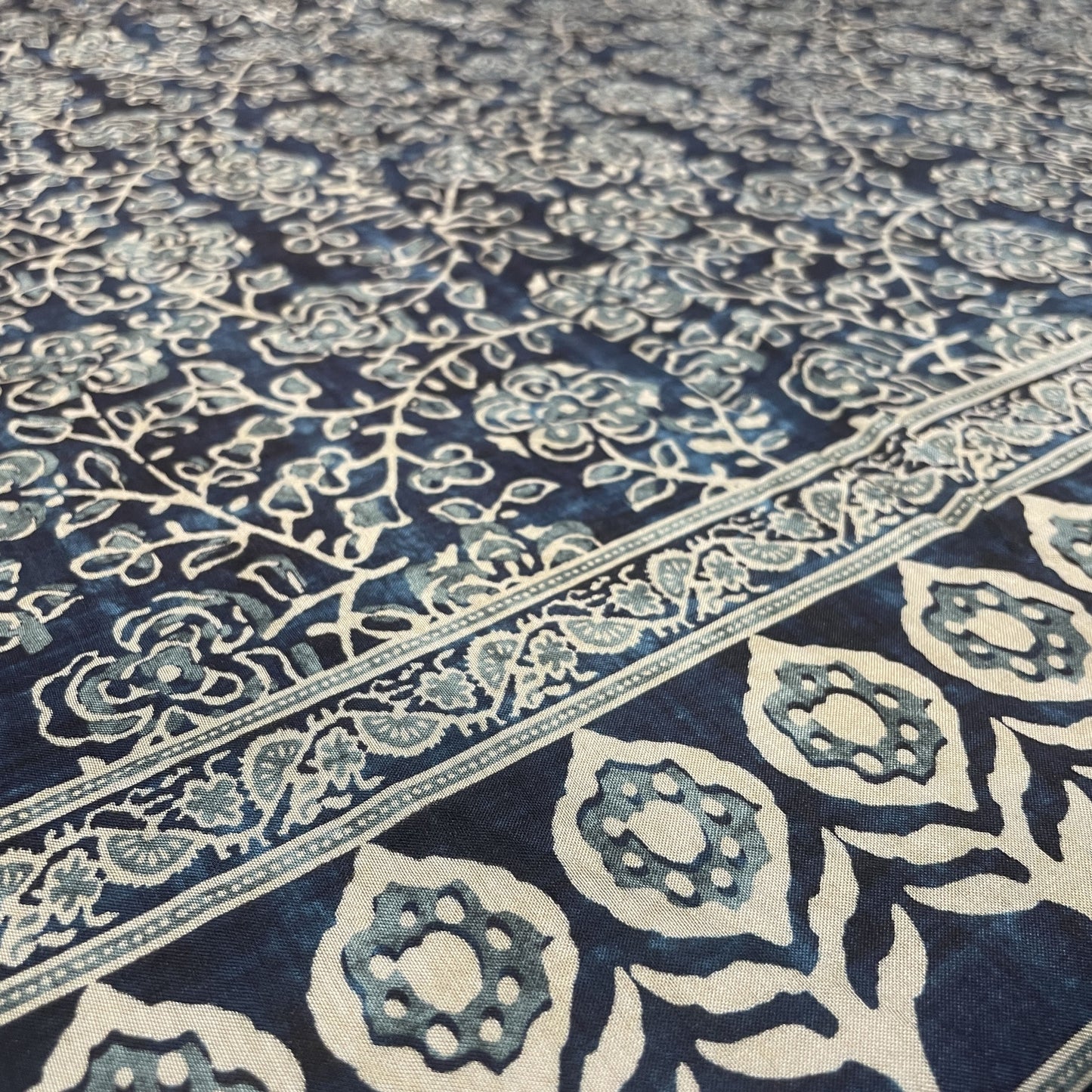 Premium Teal Blue Bagru Border Print Muslin Fabric