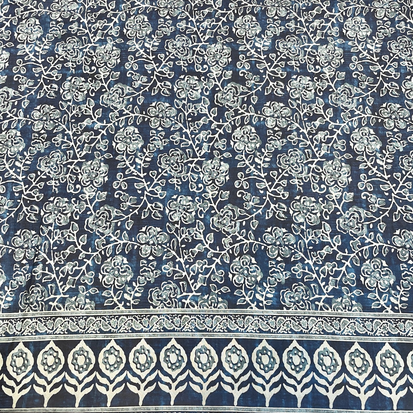 Premium Teal Blue Bagru Border Print Muslin Fabric