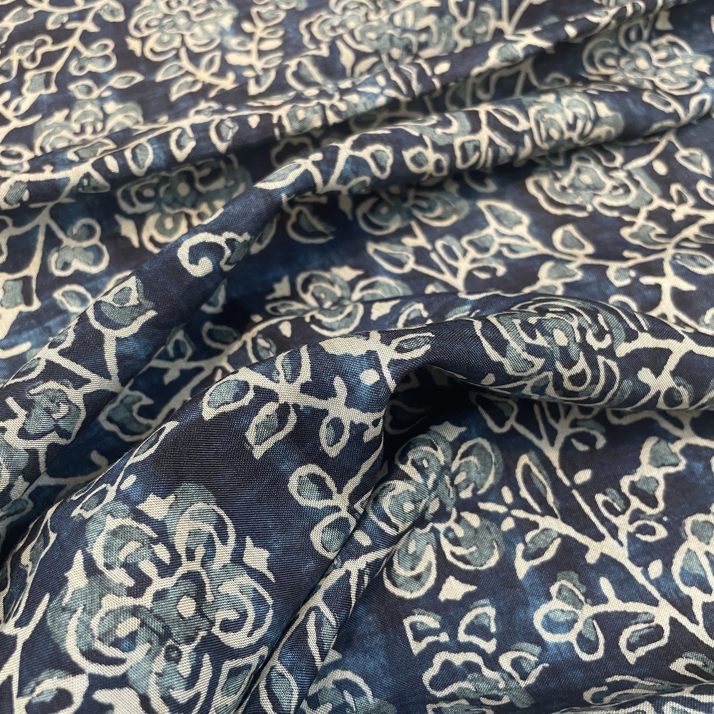 Premium Teal Blue Bagru Border Print Muslin Fabric