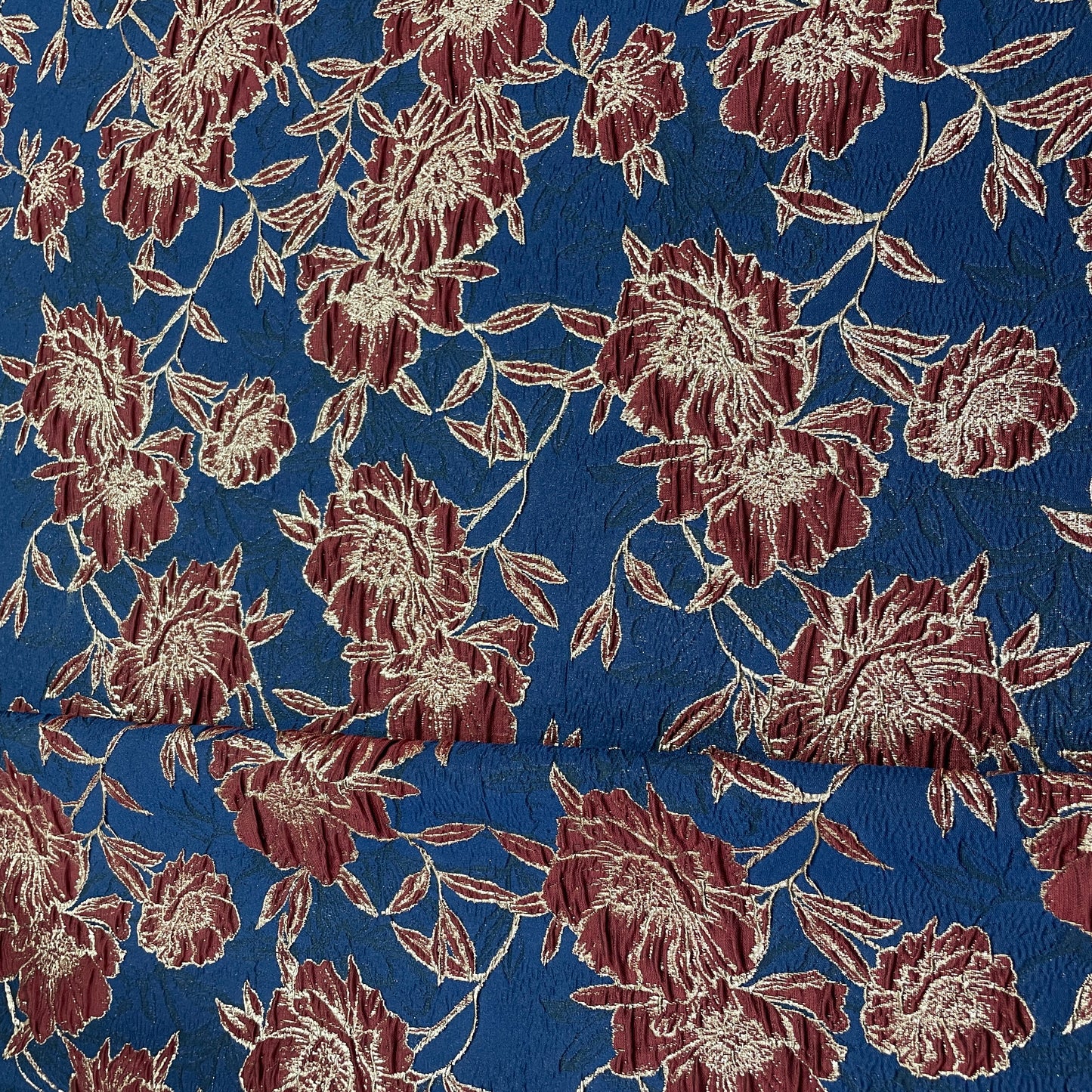 Blue & Red Floral Brocade Jacquard Fabric