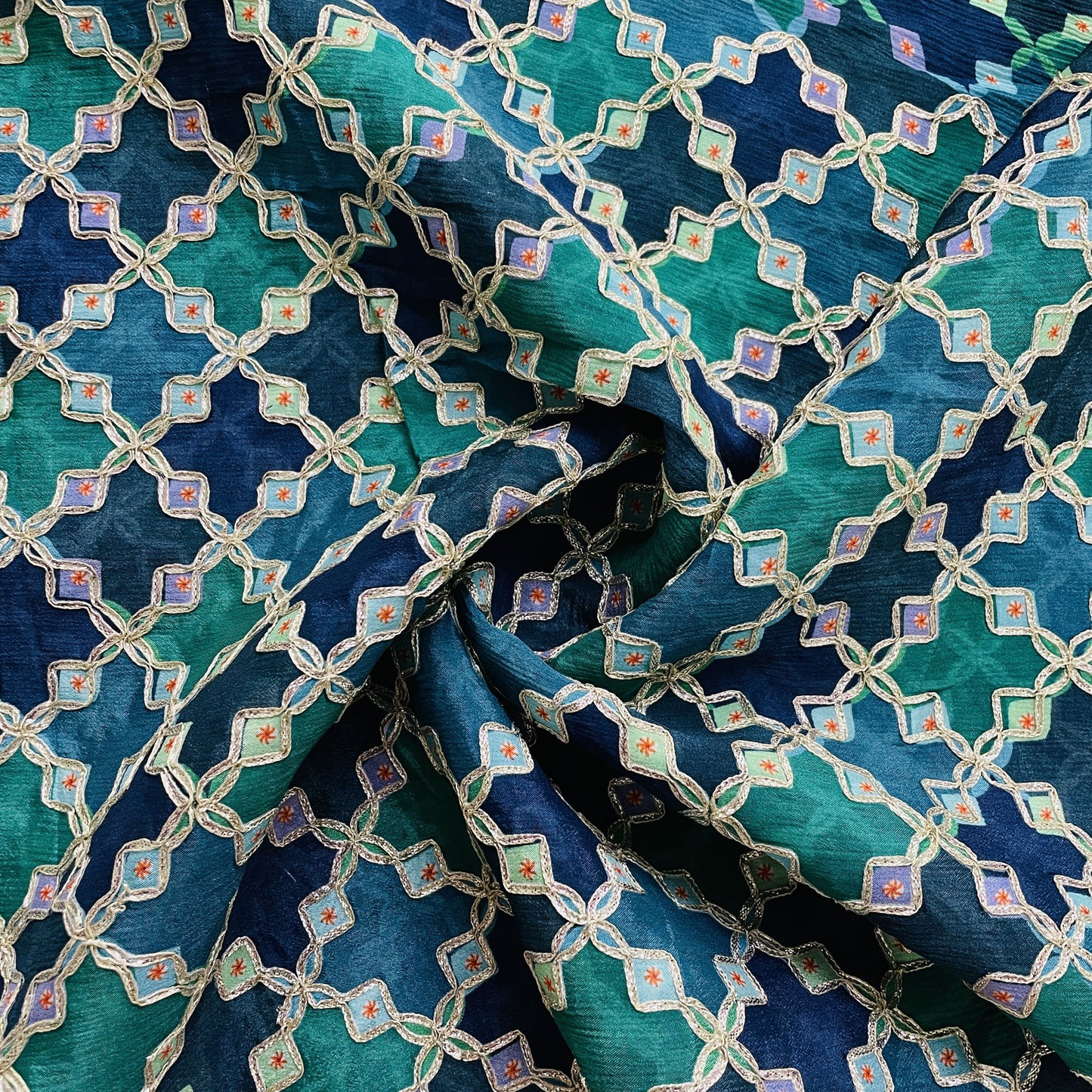 Premium GreenGeometrical Gota Work Chinnon Fabric