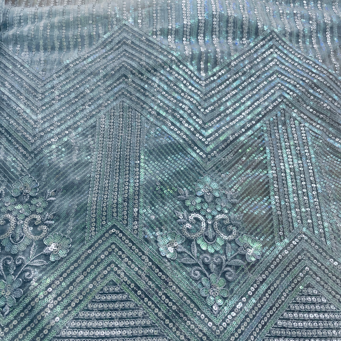 Sky Blue Sequence & Embrodiery Net Fabric