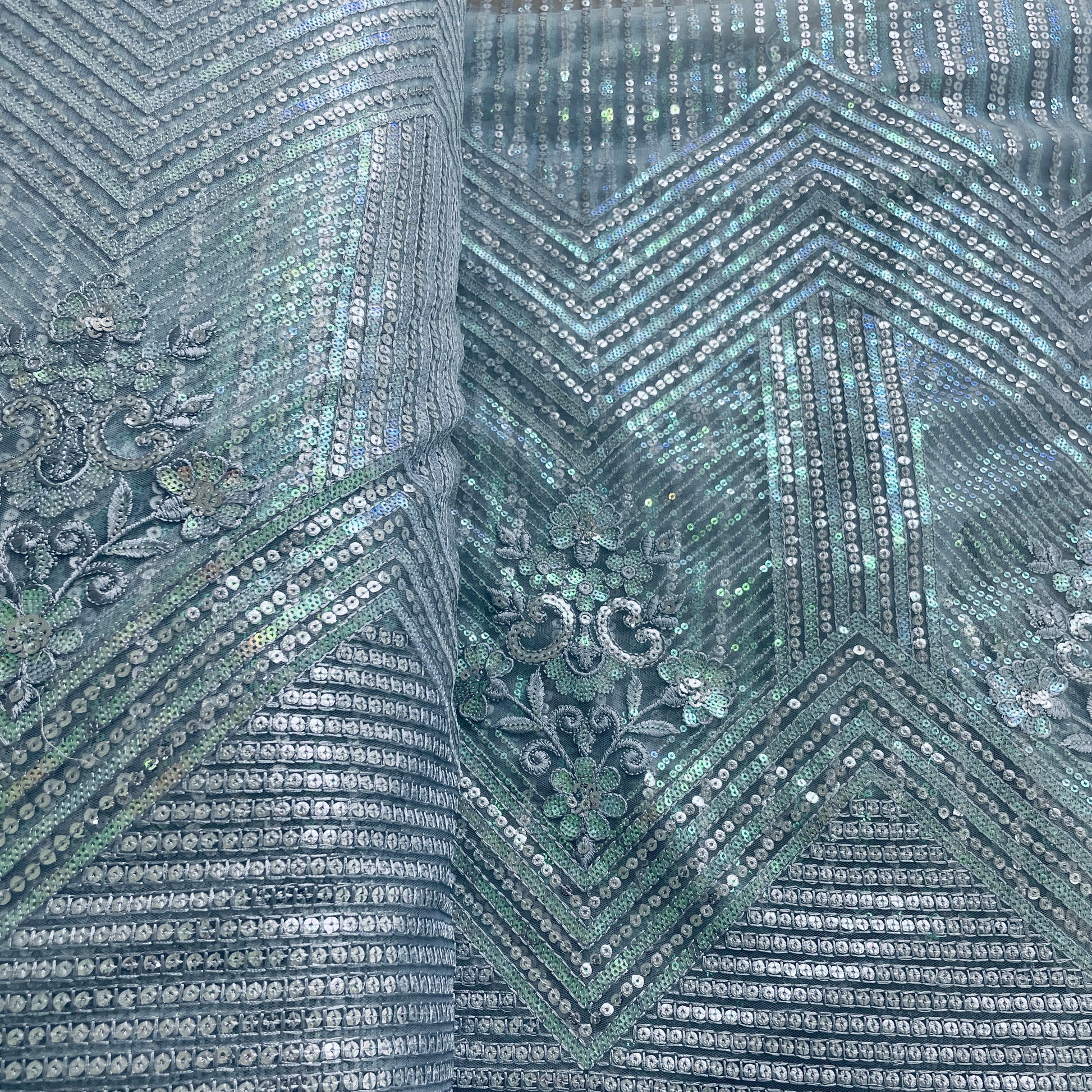 Sky Blue Sequence & Embrodiery Net Fabric