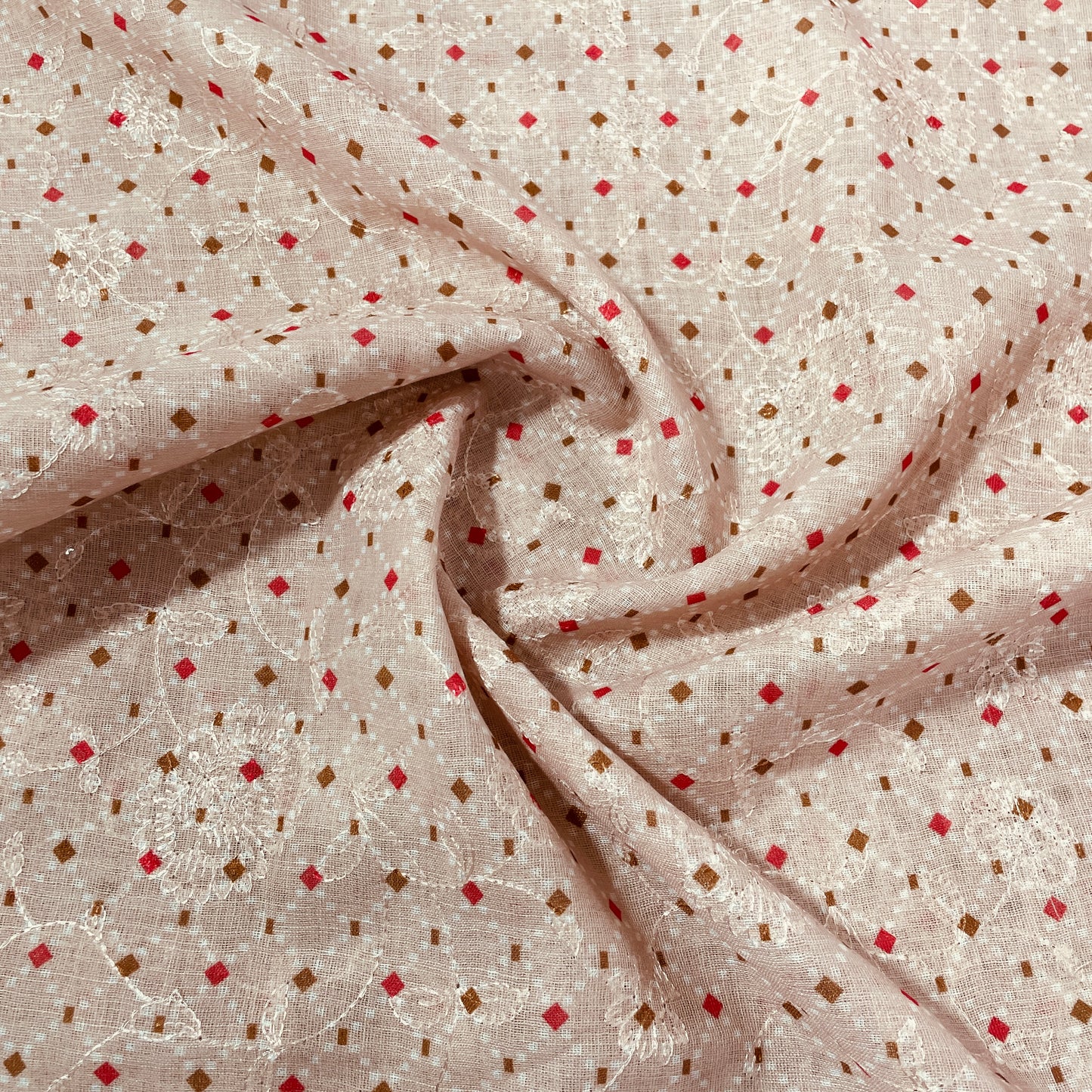 Peach Pink Handblock Print Sequence Embroidery Linen Fabric - TradeUNO