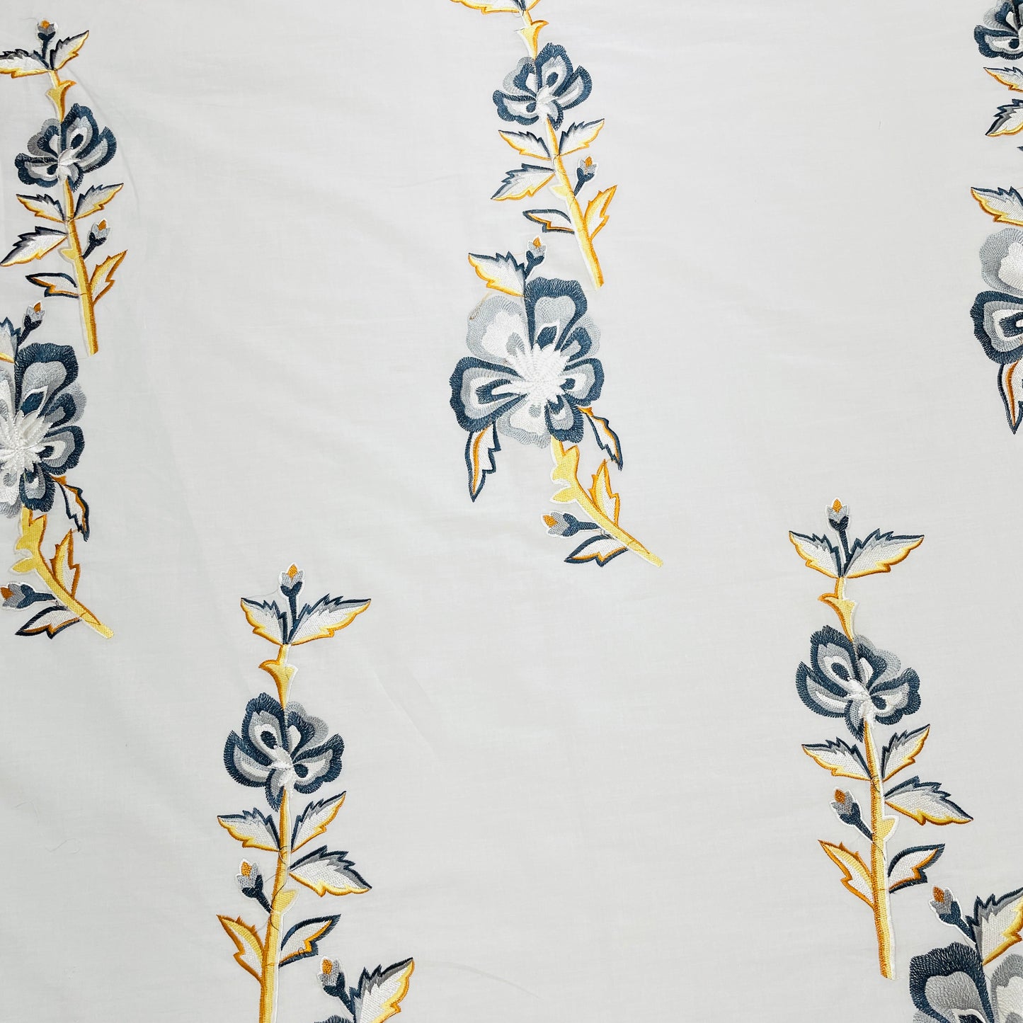 White & Grey Floral Embroidery Cotton Fabric - TradeUNO