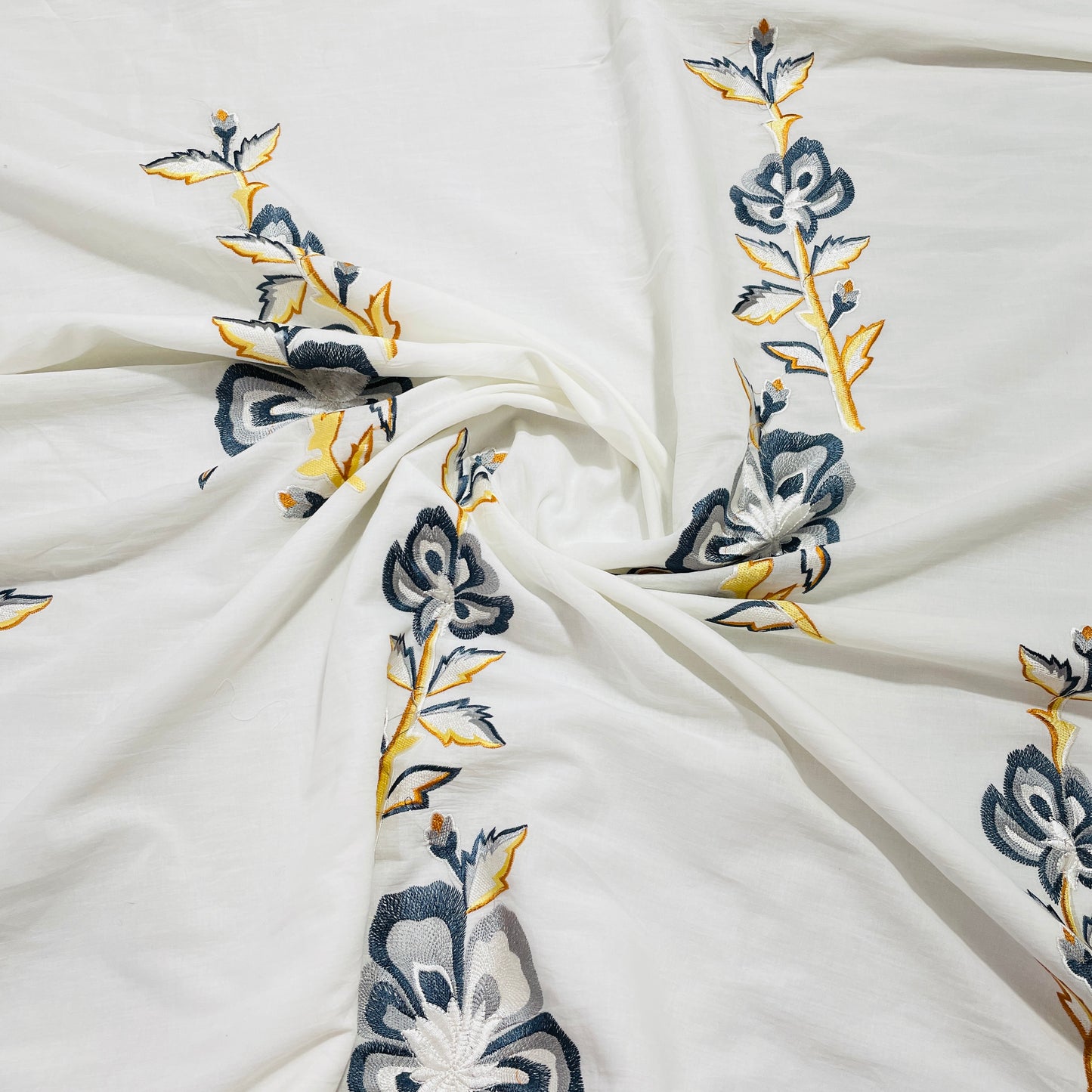White & Grey Floral Embroidery Cotton Fabric - TradeUNO