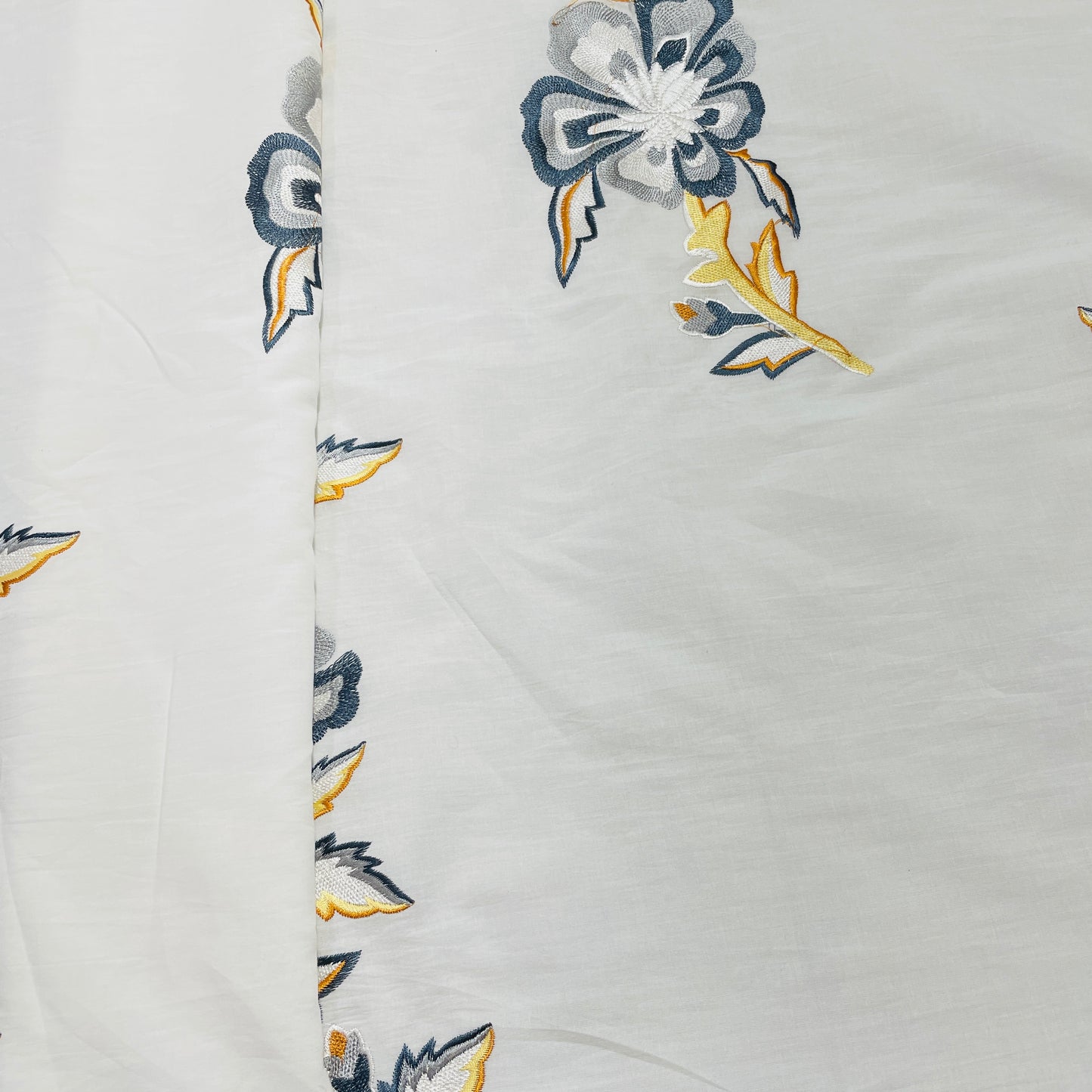 White & Grey Floral Embroidery Cotton Fabric - TradeUNO