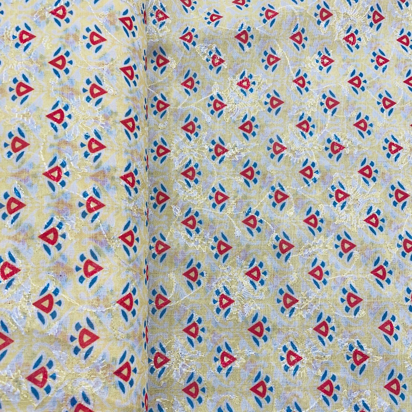 Blue & Yellow Floral Print Sequence Embroidery Linen Fabric - TradeUNO