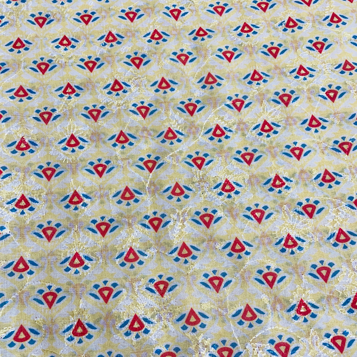 Blue & Yellow Floral Print Sequence Embroidery Linen Fabric - TradeUNO