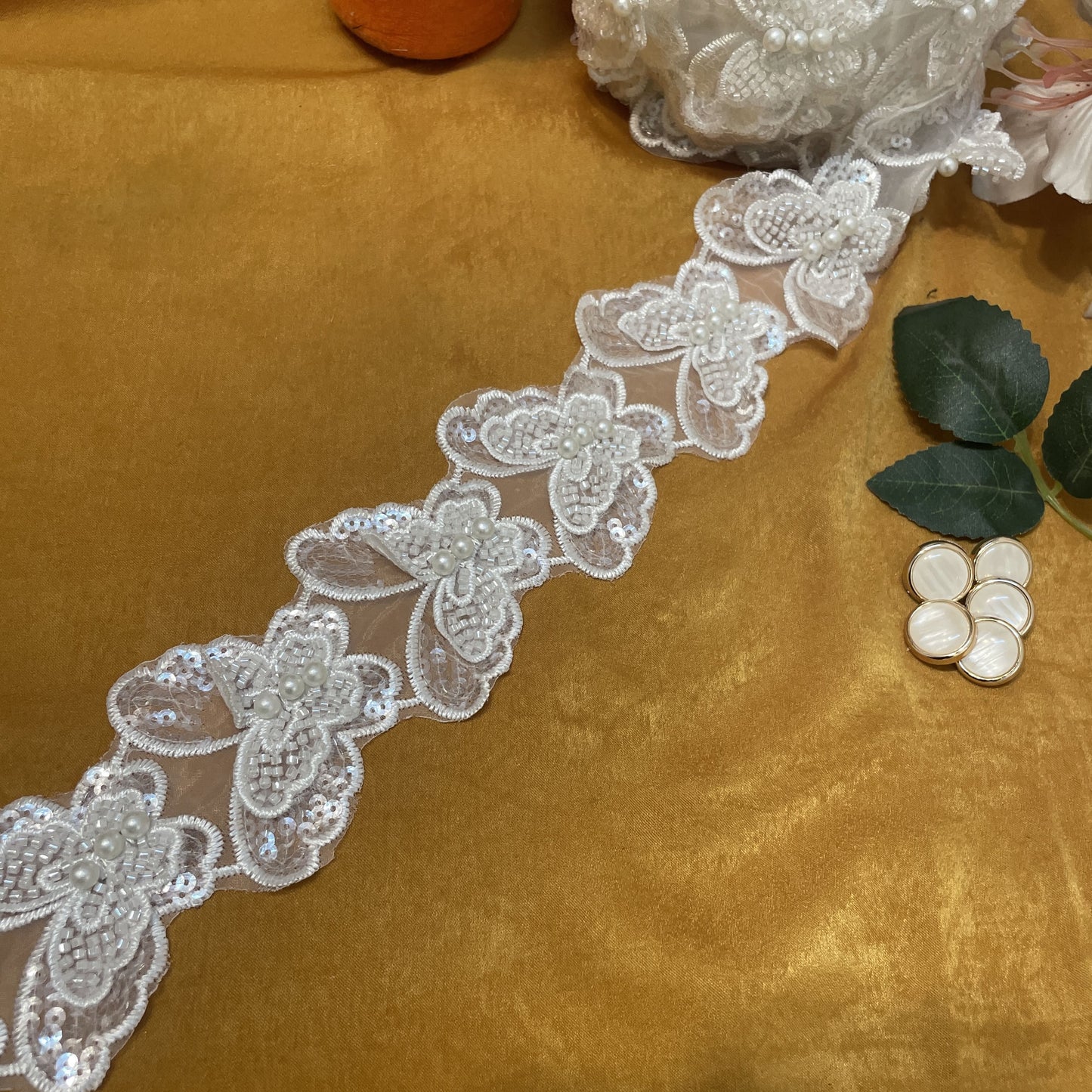 Off White & Pink Floral Sequence Embroidery Cotton Fabric - TradeUNO