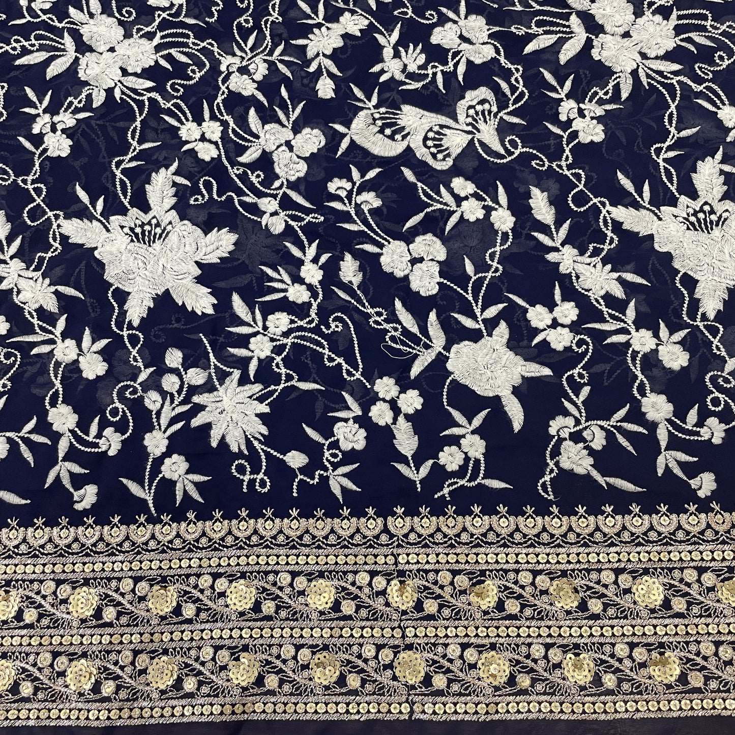 Classic Blue Parsi Gara Zarii Embroidery Georgette Fabric