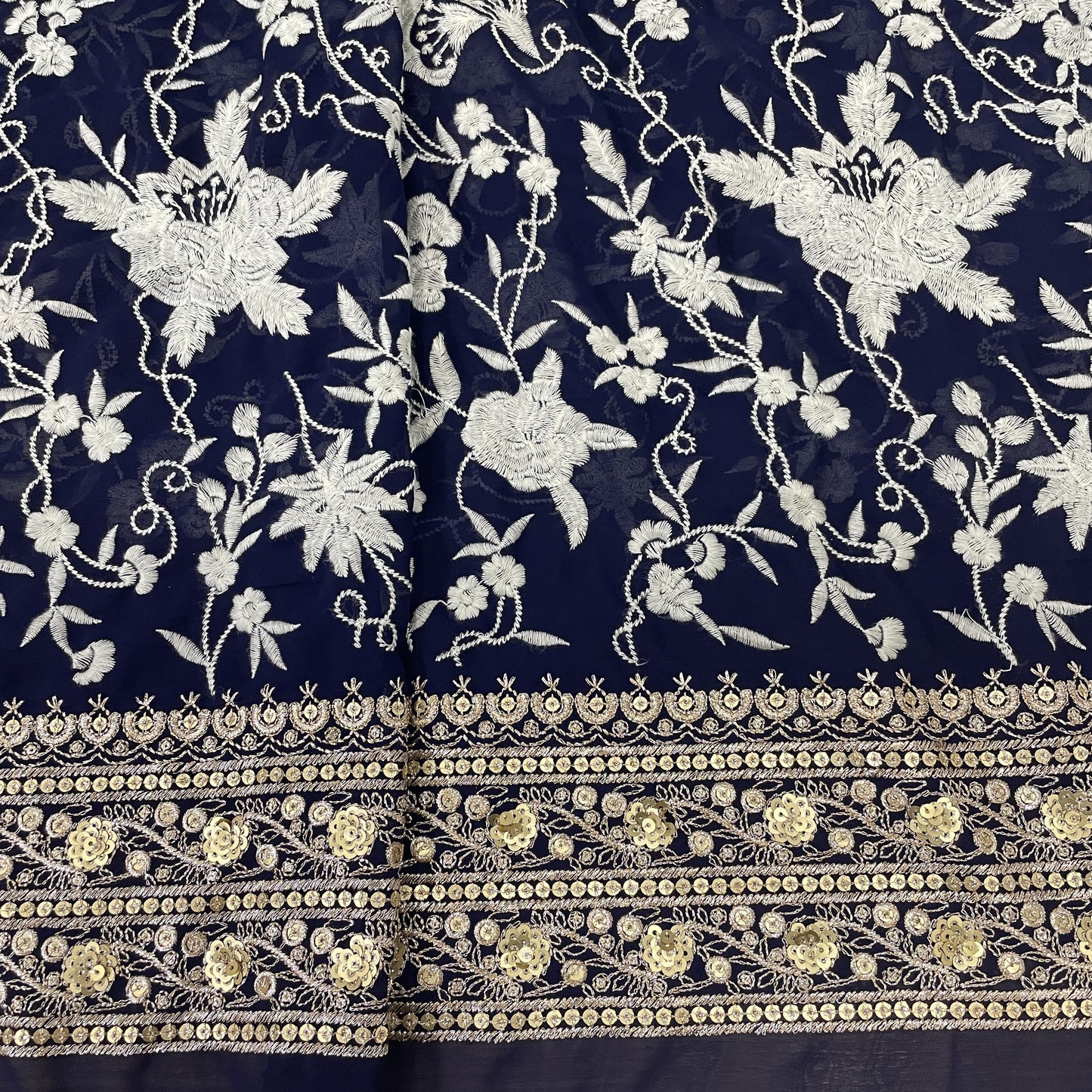Classic Blue Parsi Gara Zarii Embroidery Georgette Fabric