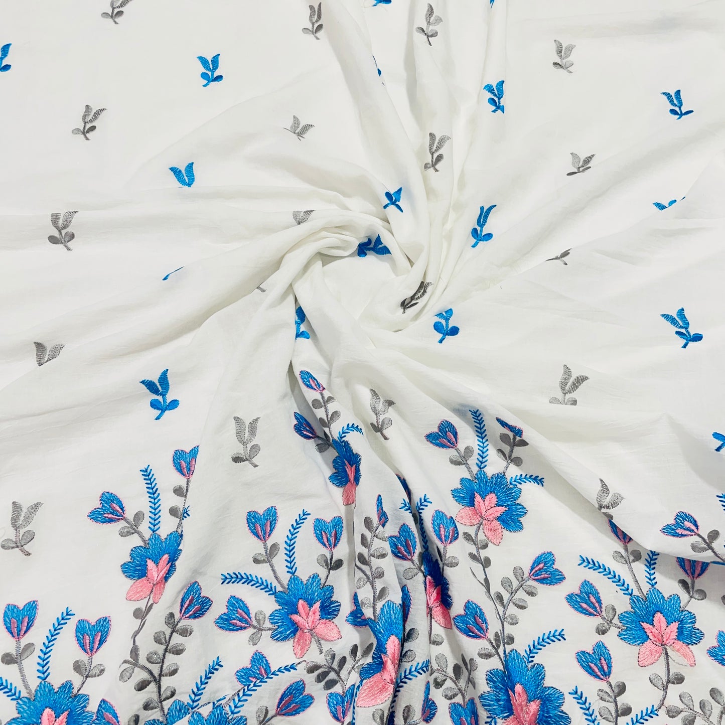 White & Blue Floral Thread Embroidery Cotton Fabric - TradeUNO