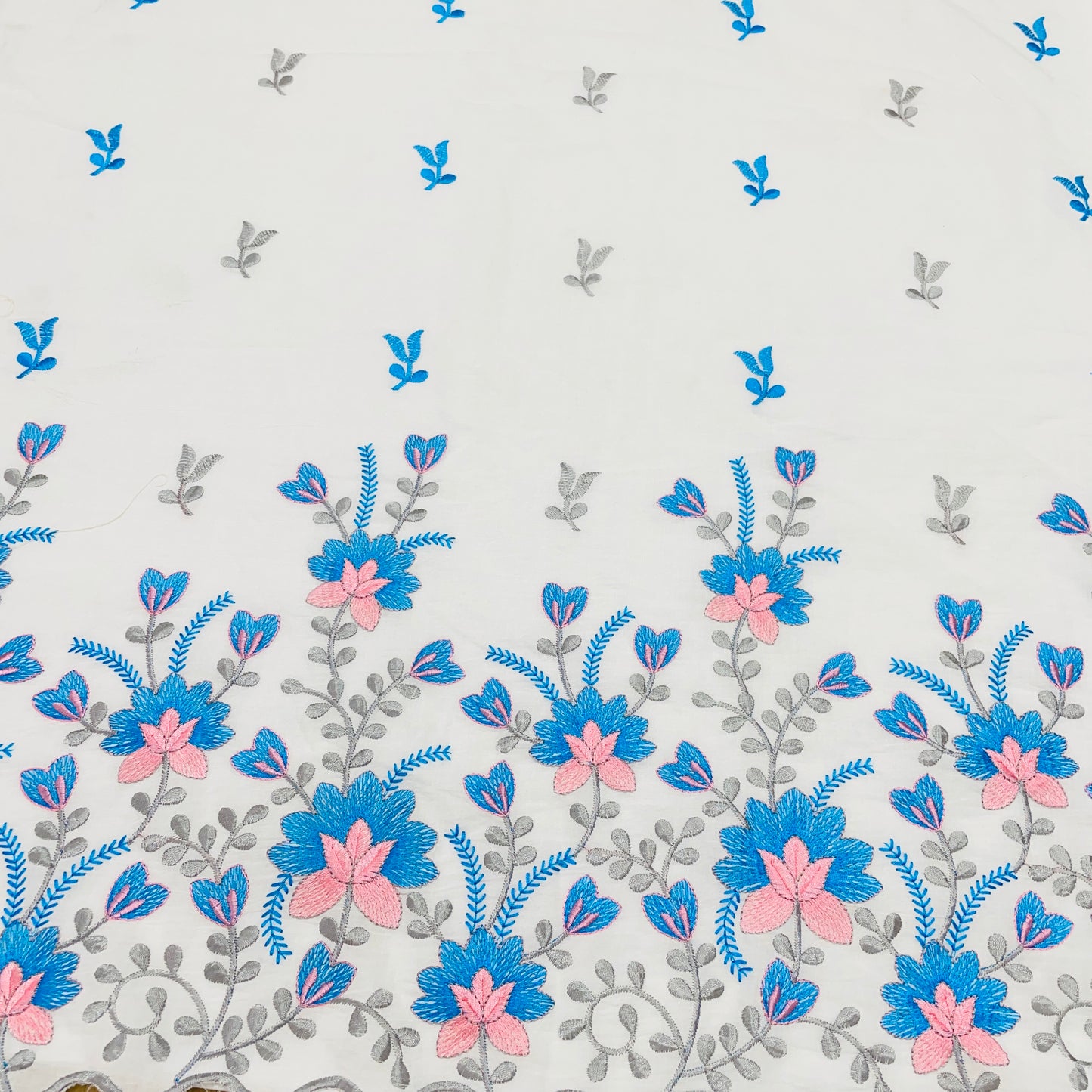 White & Blue Floral Thread Embroidery Cotton Fabric - TradeUNO