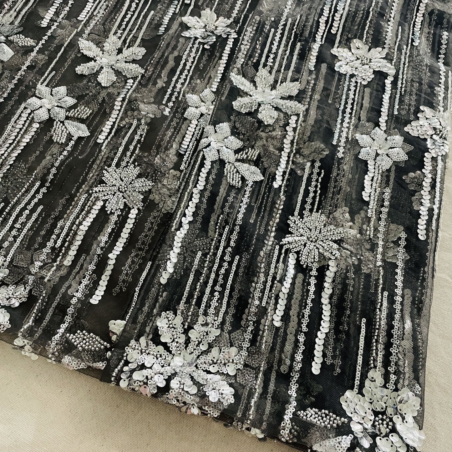 Premium Grey Pearl Stripes Floral Heavy Sequins Embroidery Net Fabric