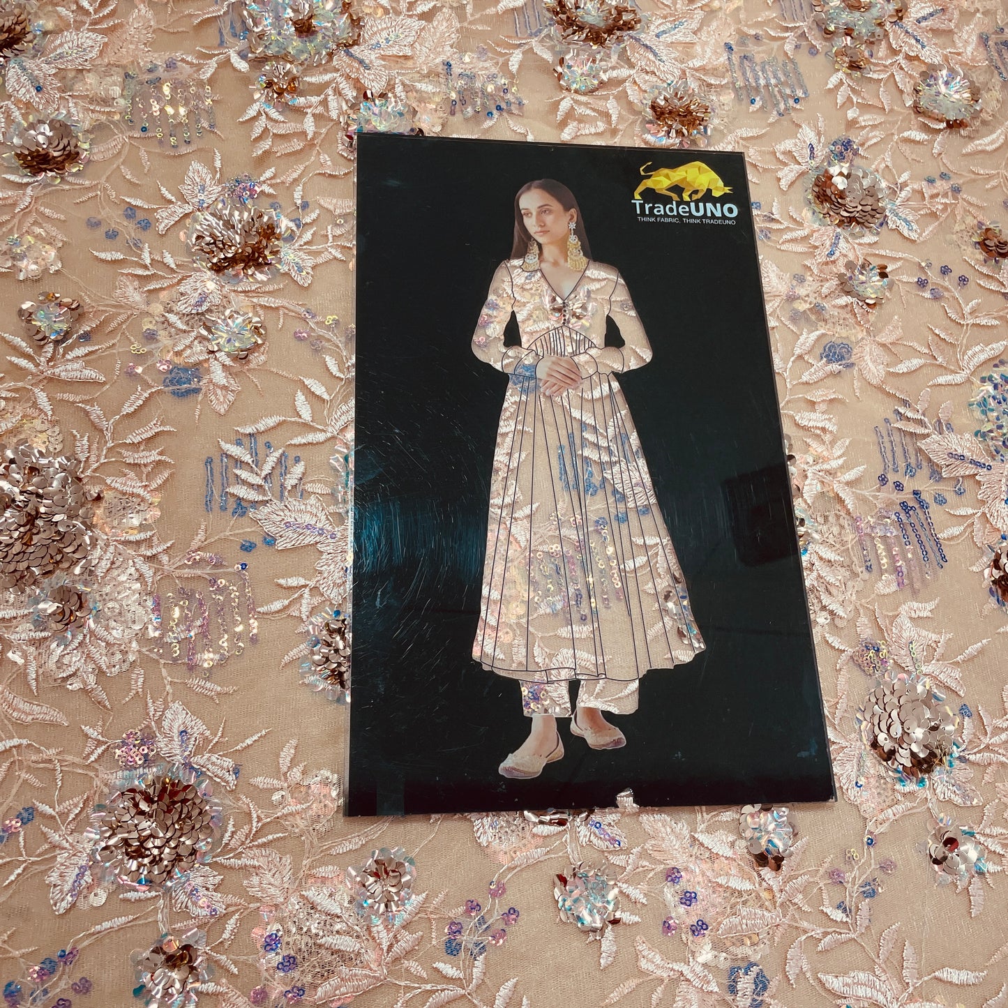 Peach Floral Embroidery Sequence Net Lycra Fabric - TradeUNO