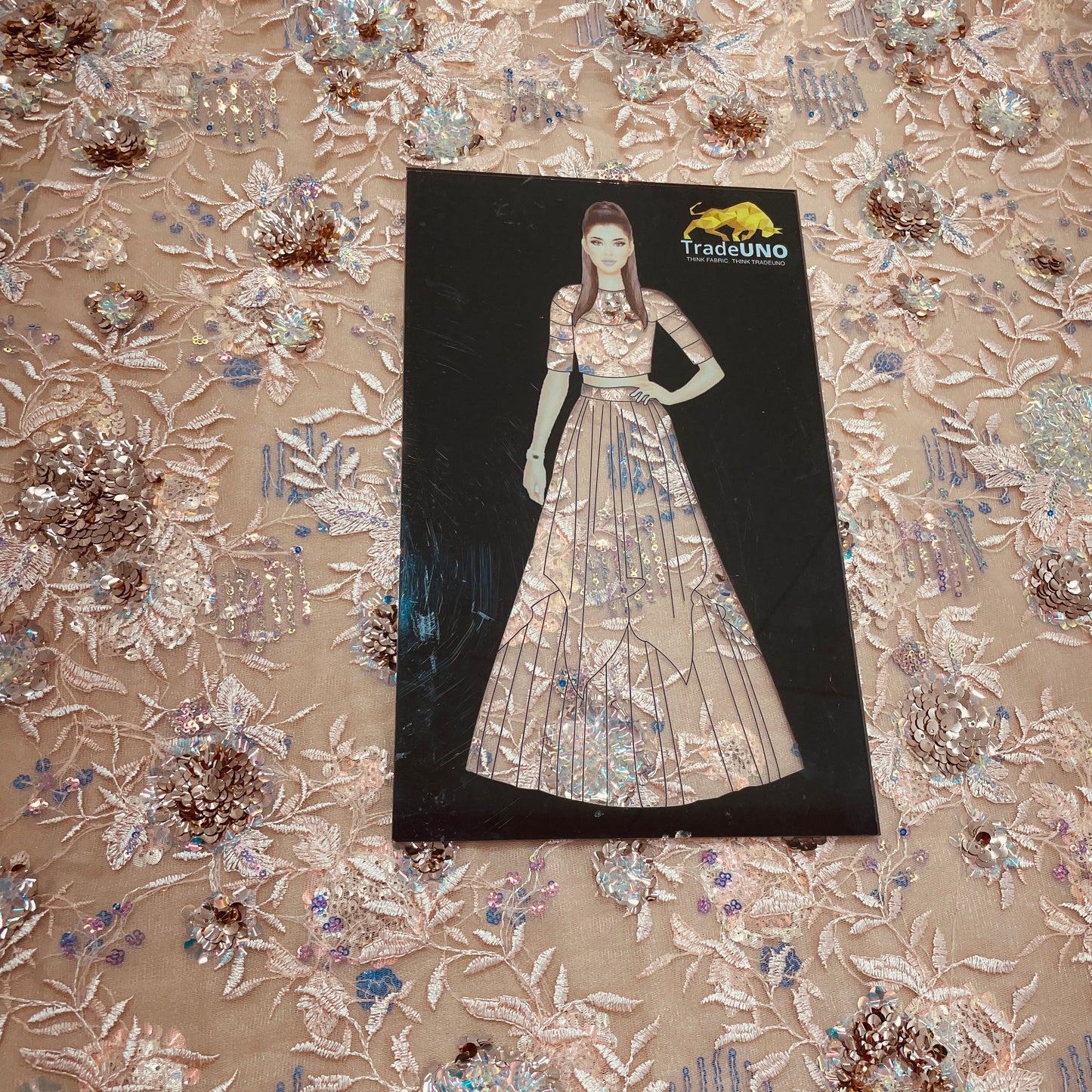 Peach Floral Embroidery Sequence Net Lycra Fabric - TradeUNO
