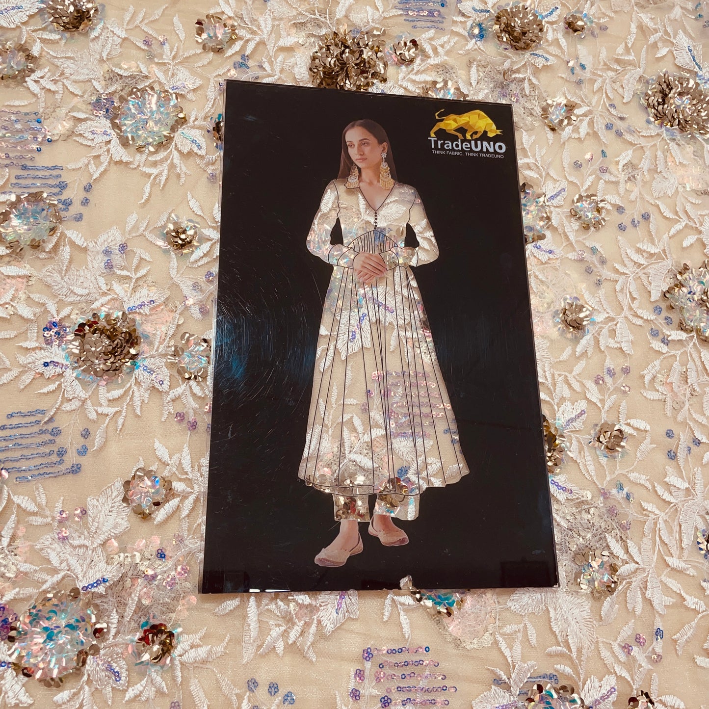 Light Yellow Floral Embroidery Sequence Net Lycra Fabric - TradeUNO