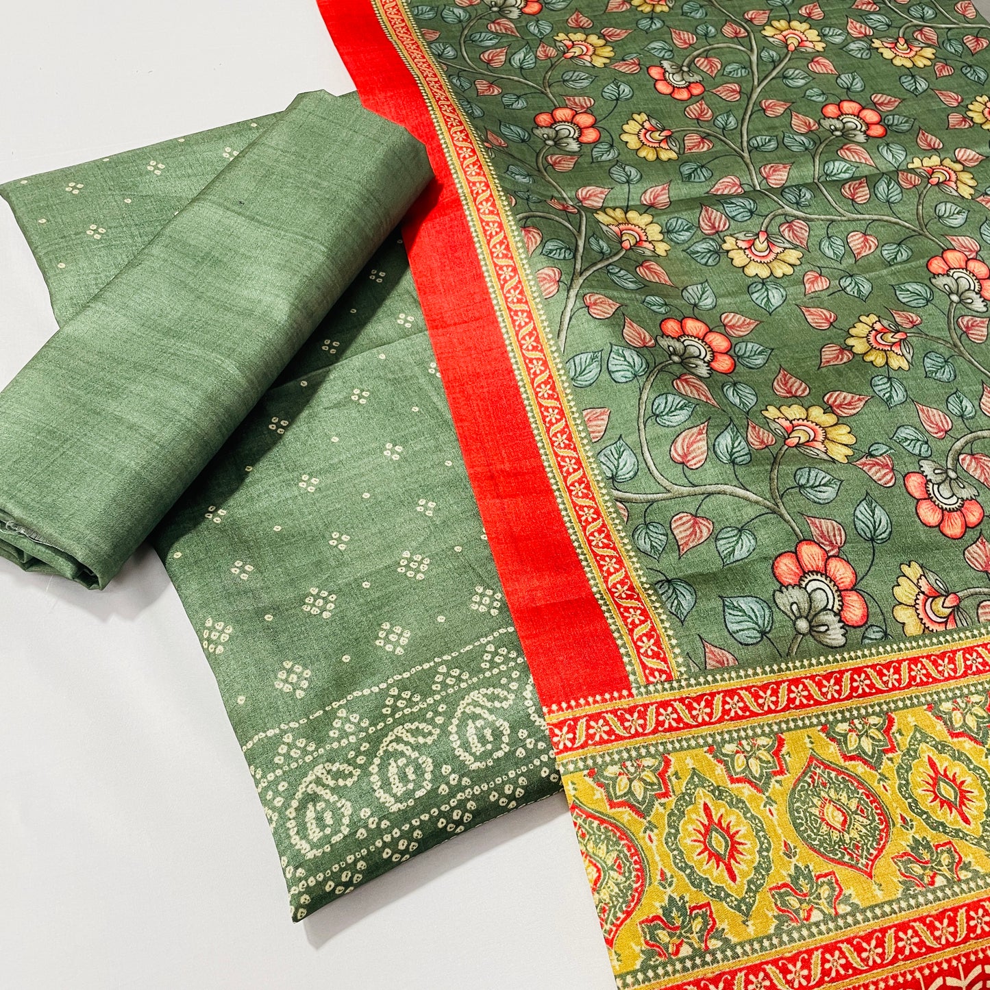 Green & Multicolor Floral Ghicha Silk Suit Set With Dupatta - TradeUNO