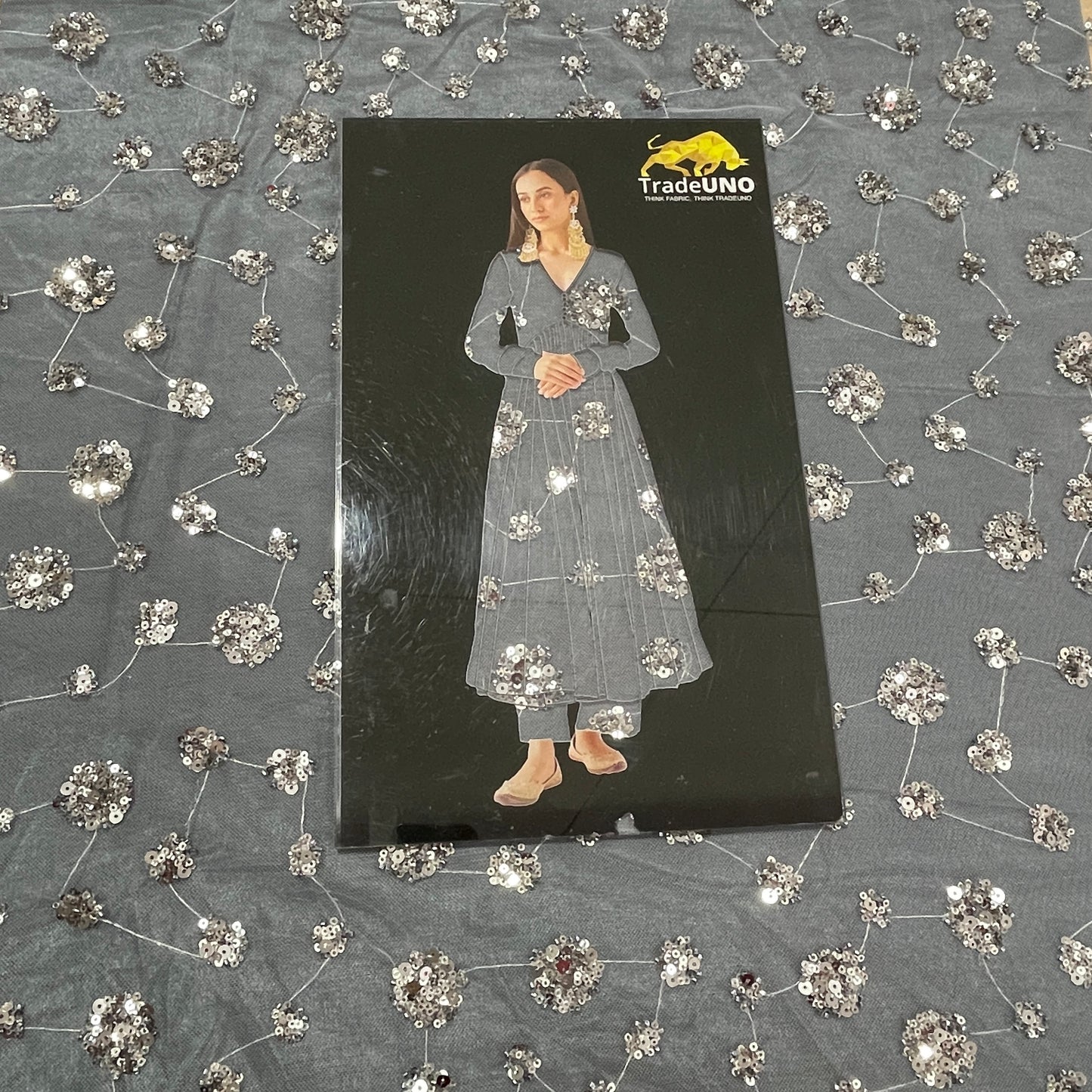 Grey Floral Sequence Embroidery Net Imported Fabric - TradeUNO