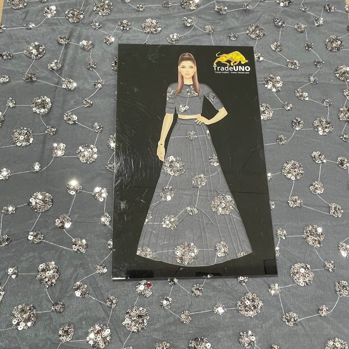 Grey Floral Sequence Embroidery Net Imported Fabric - TradeUNO