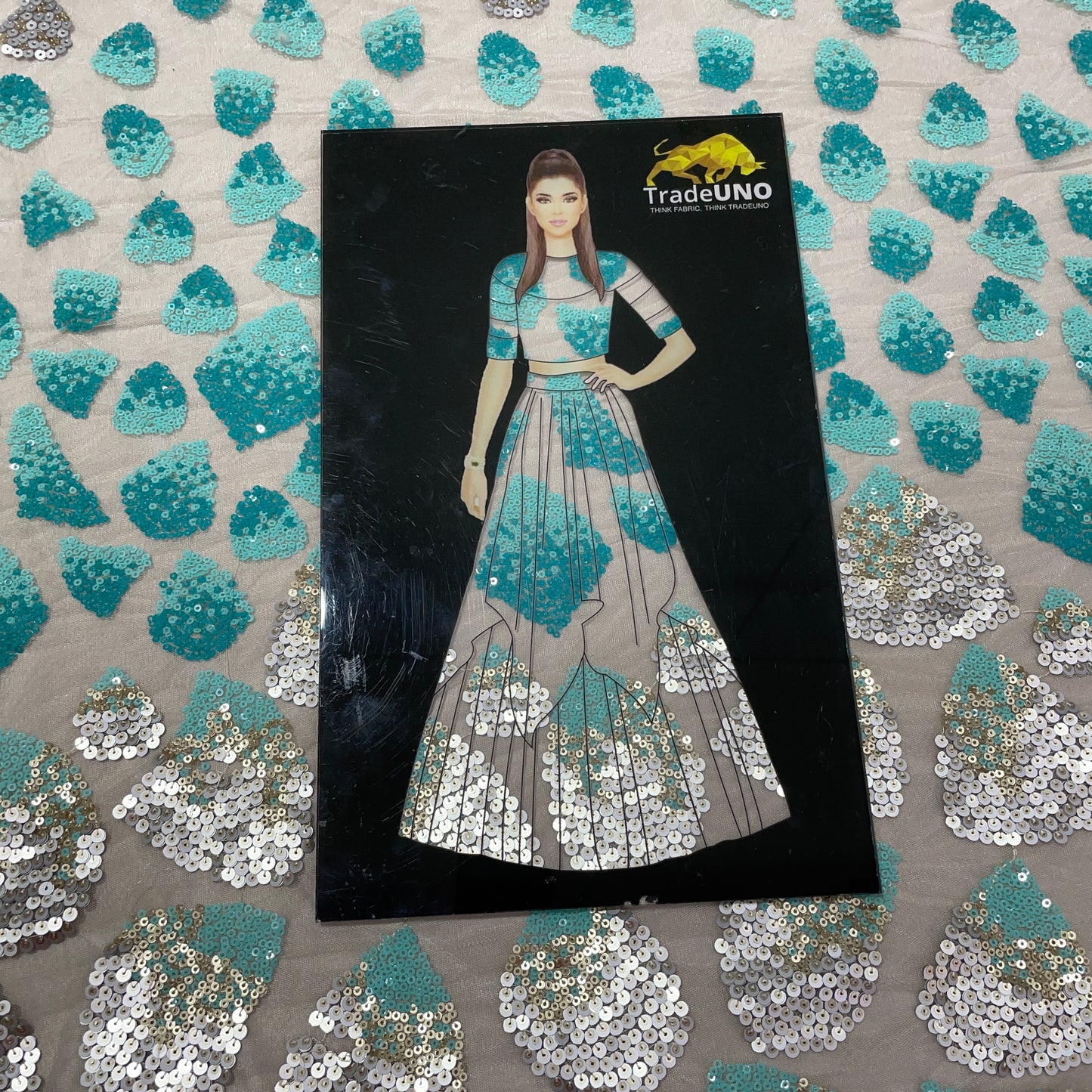 Cream With Green Ombre Sequence Embroidery Net Fabric - TradeUNO