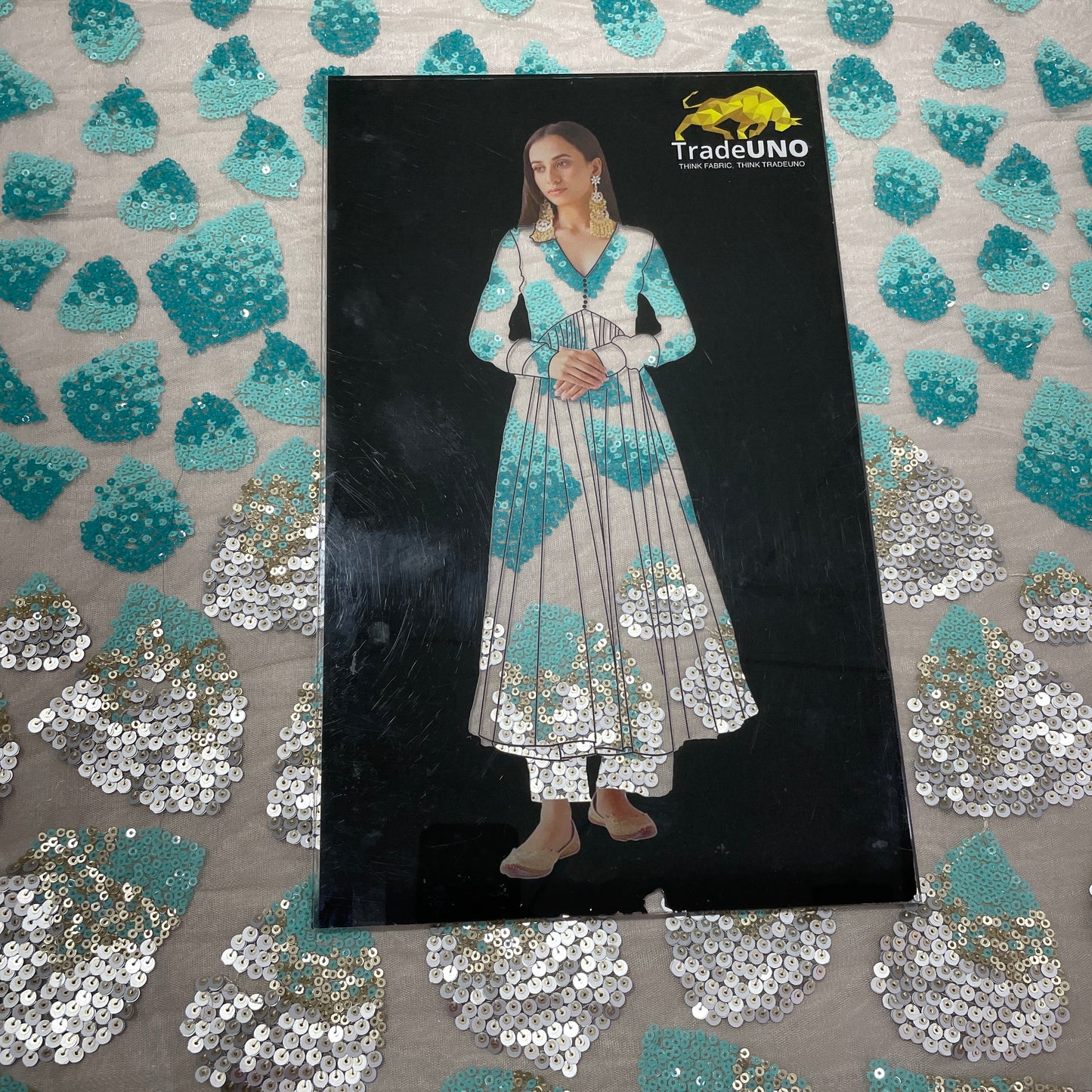 Cream With Green Ombre Sequence Embroidery Net Fabric - TradeUNO
