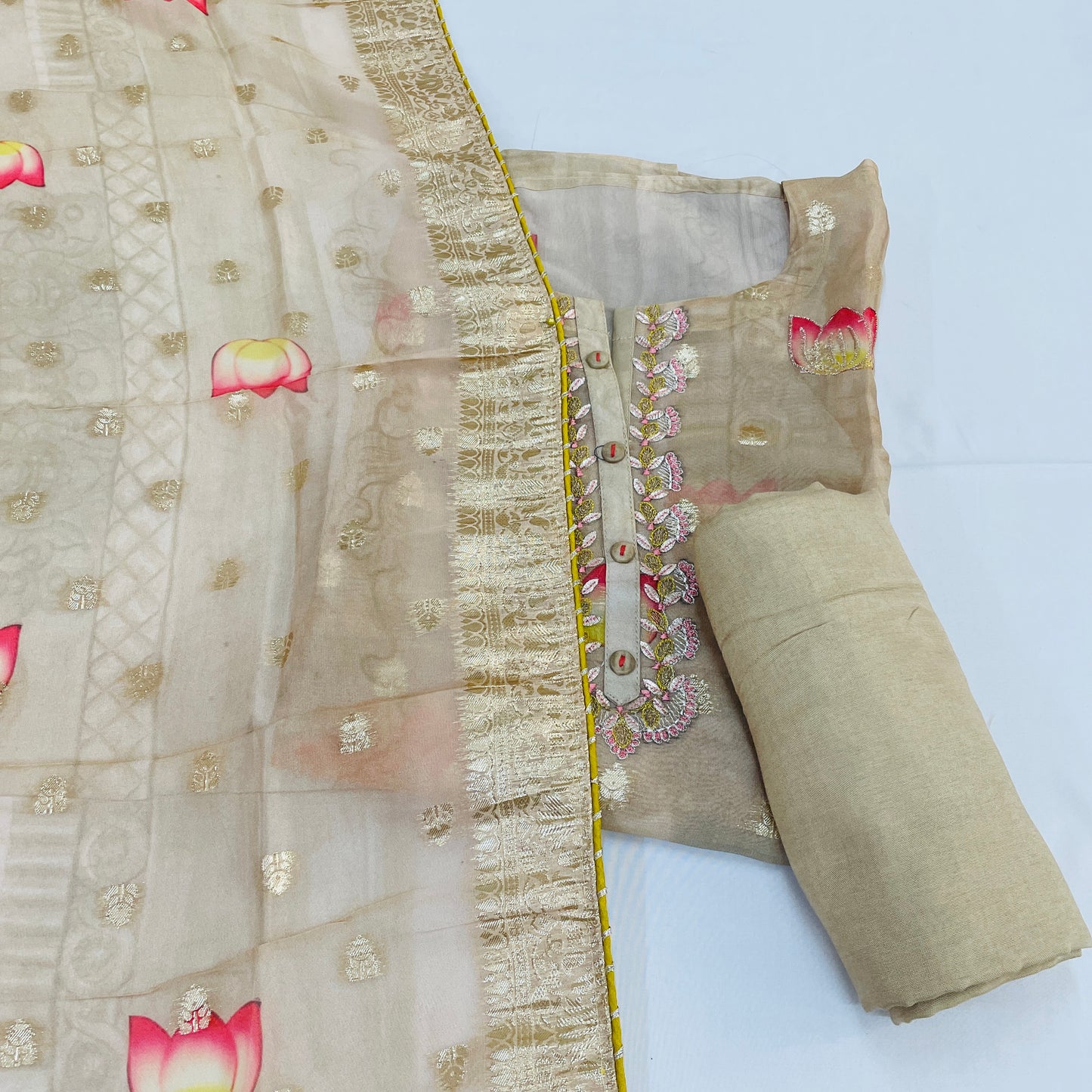 Brown Floral Foil Thread Embroidery Suit Set With Dupatta - TradeUNO