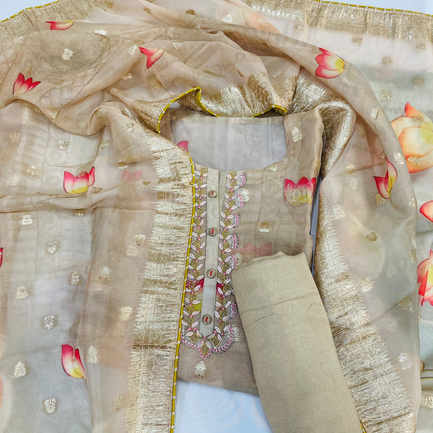 Brown Floral Foil Thread Embroidery Suit Set With Dupatta - TradeUNO