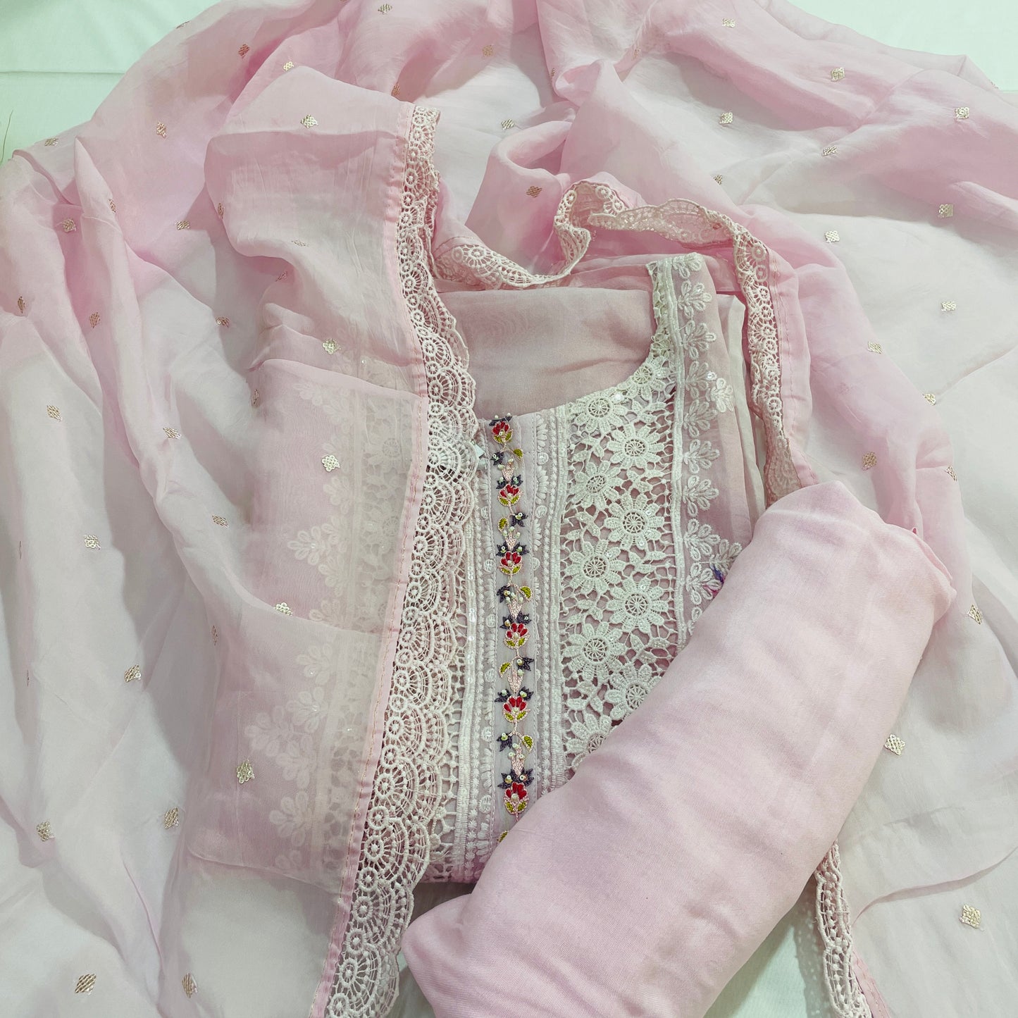 Pink Floral Beads Sequence Thread Embroidery Suit Set With Dupatta - TradeUNO