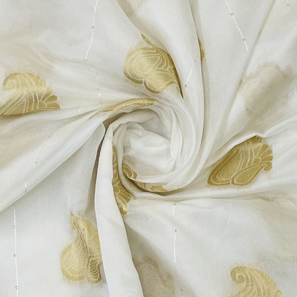 Classic White Golden Floral Chanderi Fabric