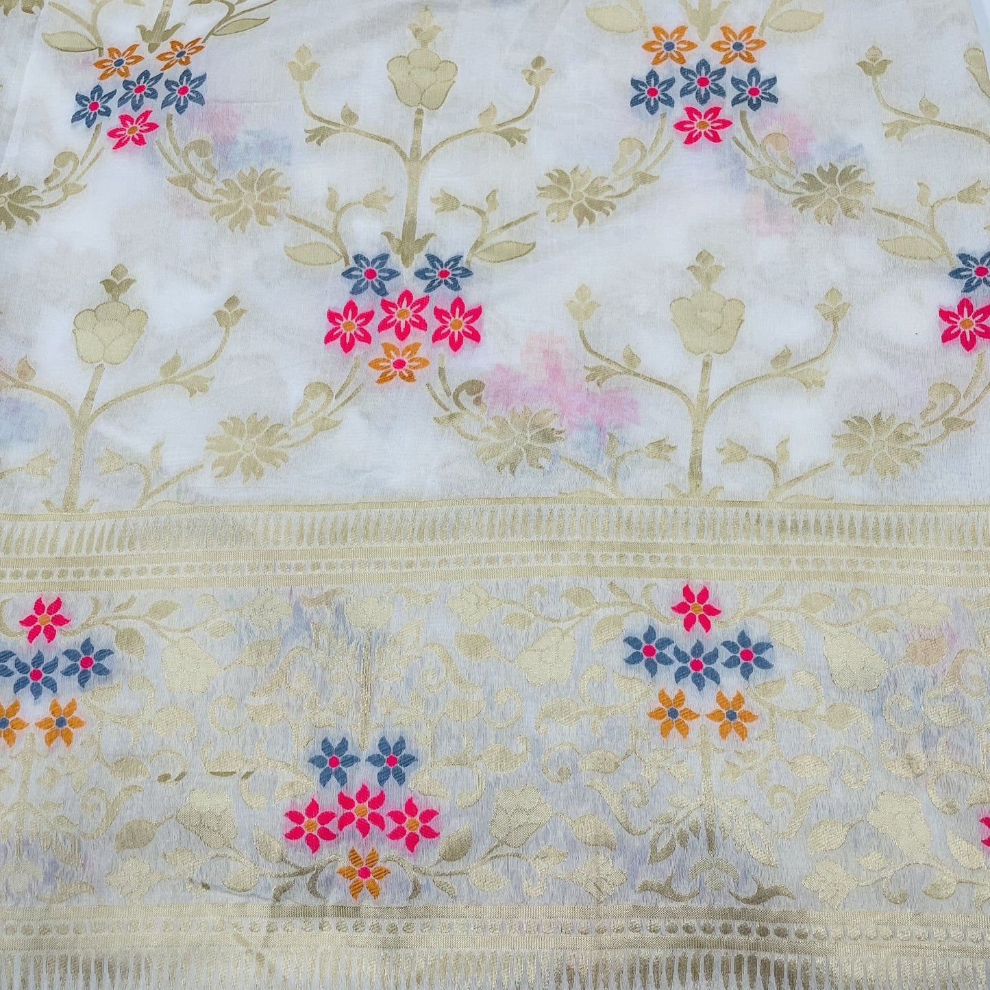 Classic White Multicolor Floral Chanderi Fabric