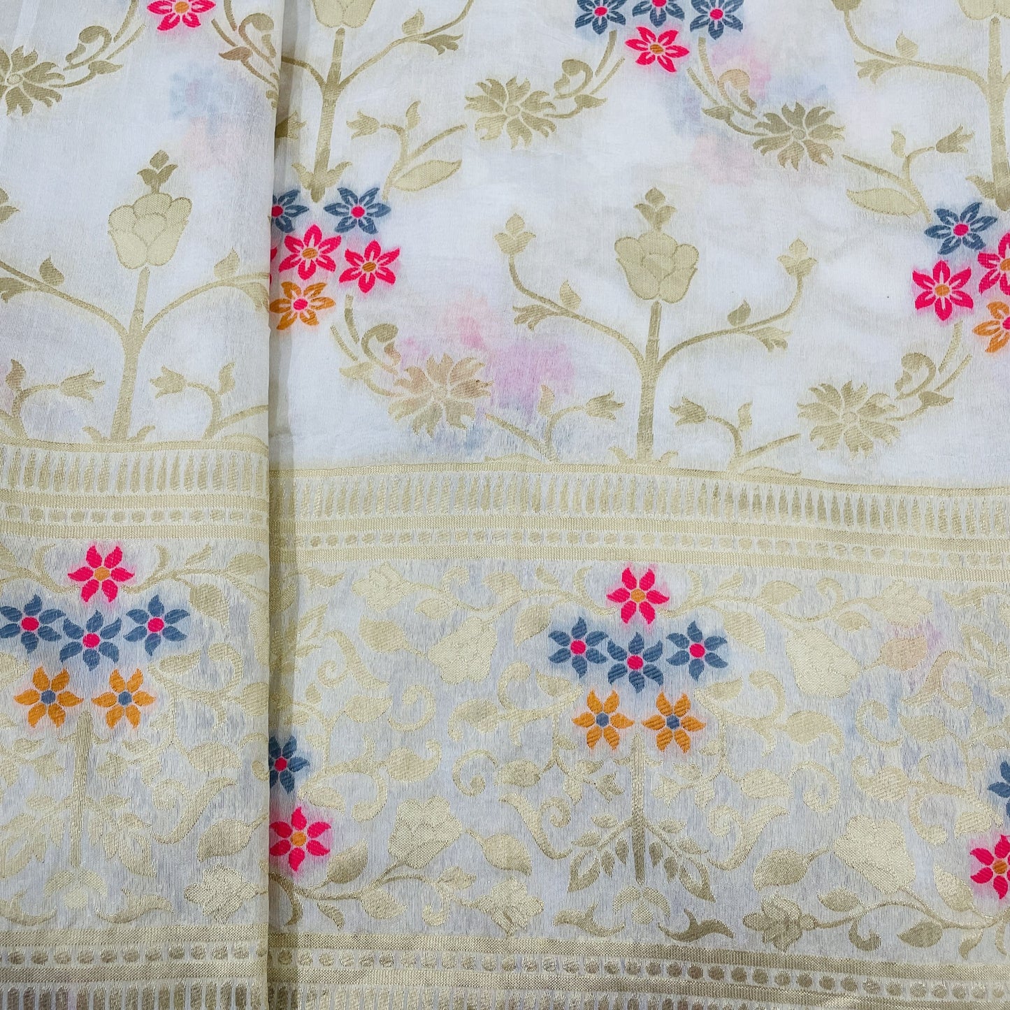Classic White Multicolor Floral Chanderi Fabric