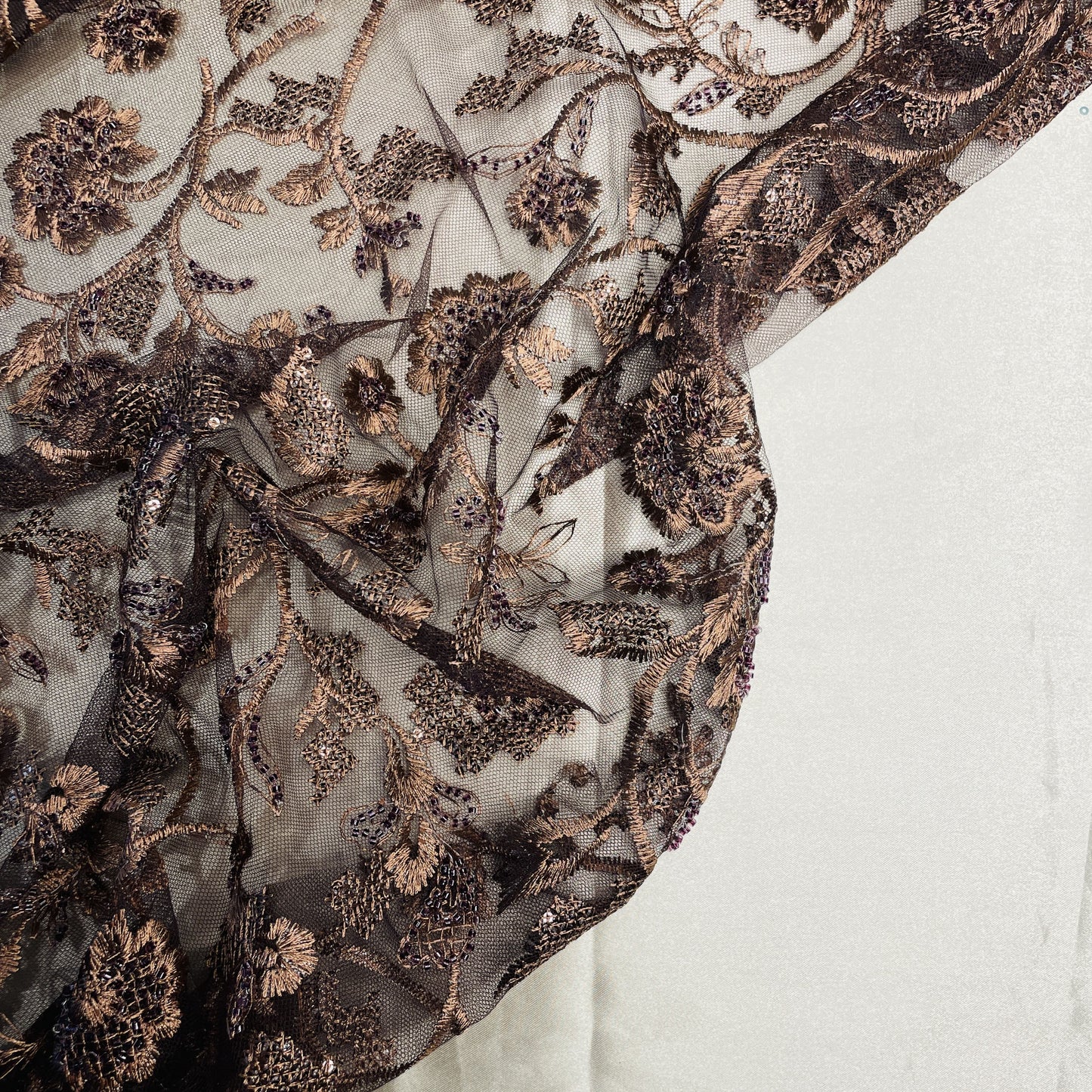 Premium Brown Heavy Thread Sequins Embroidery Net Fabric