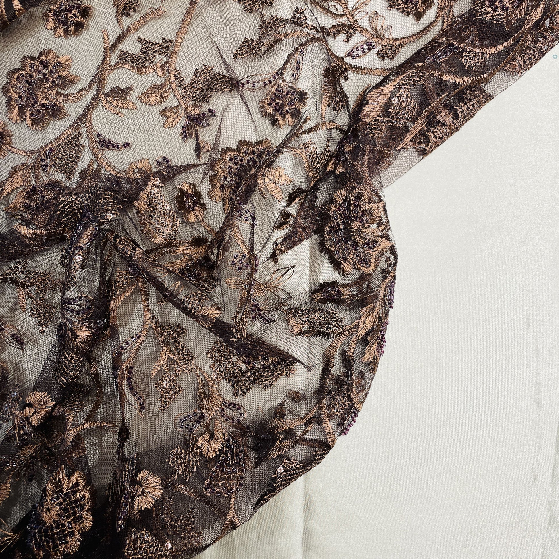 Premium Brown Heavy Thread Sequins Embroidery Net Fabric