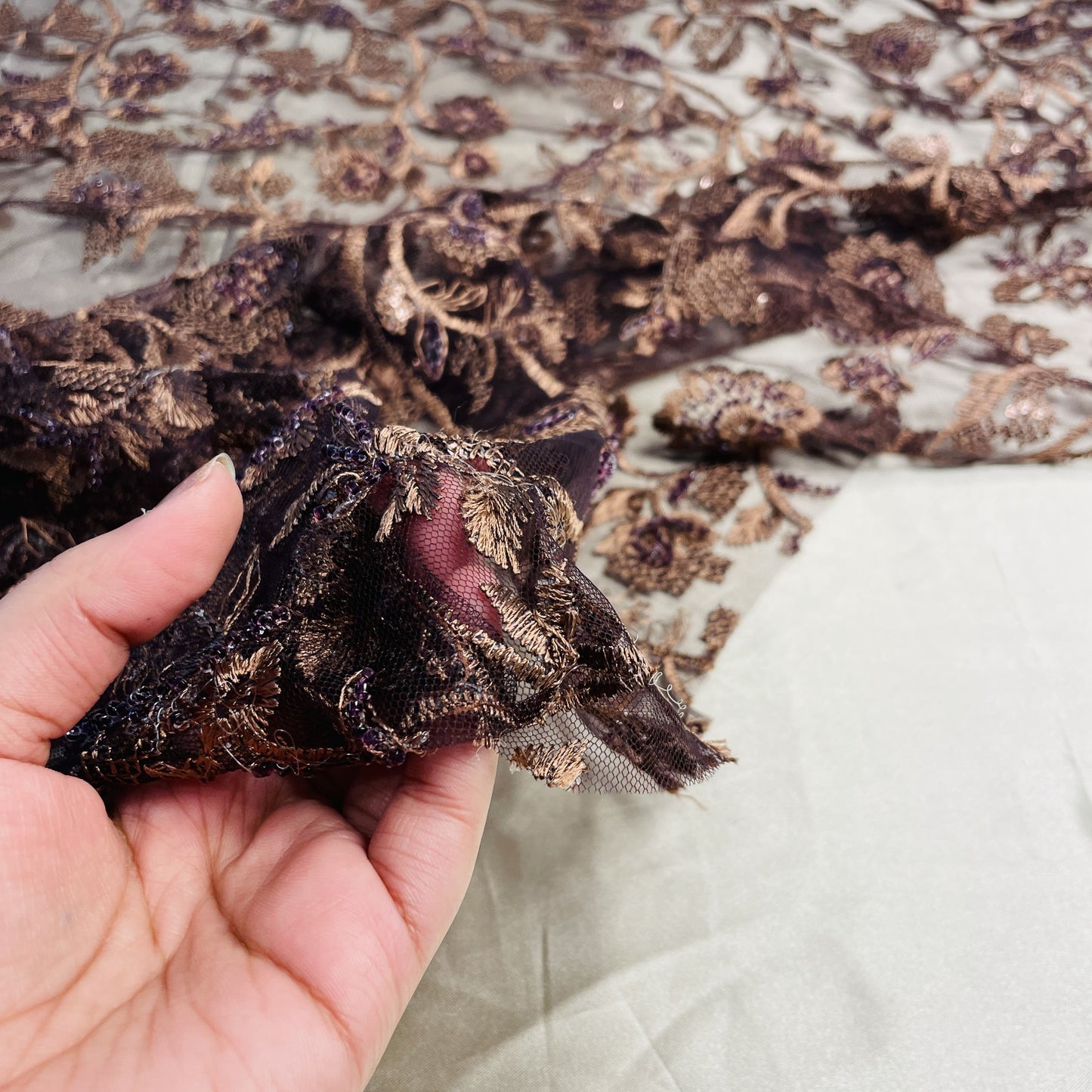 Premium Brown Heavy Thread Sequins Embroidery Net Fabric