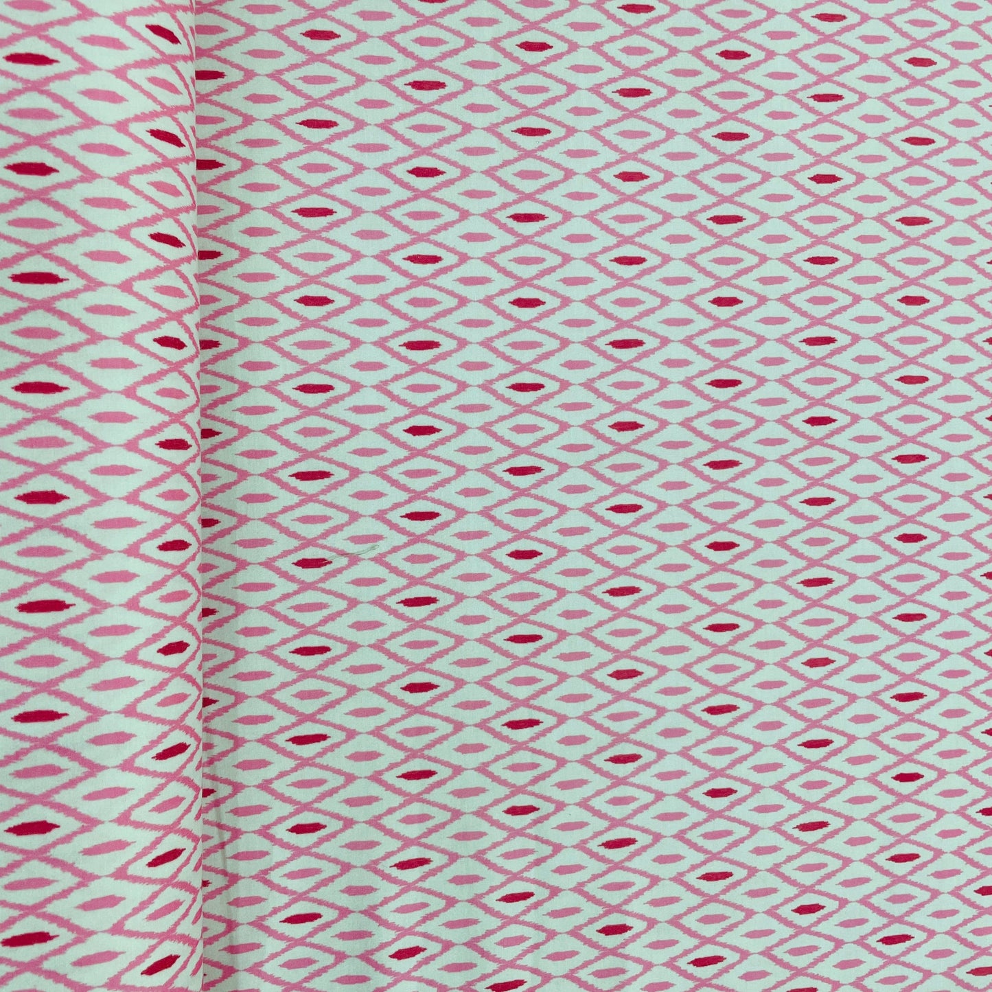 White & Pink Ikkat Print Cotton Satin Fabric - TradeUNO
