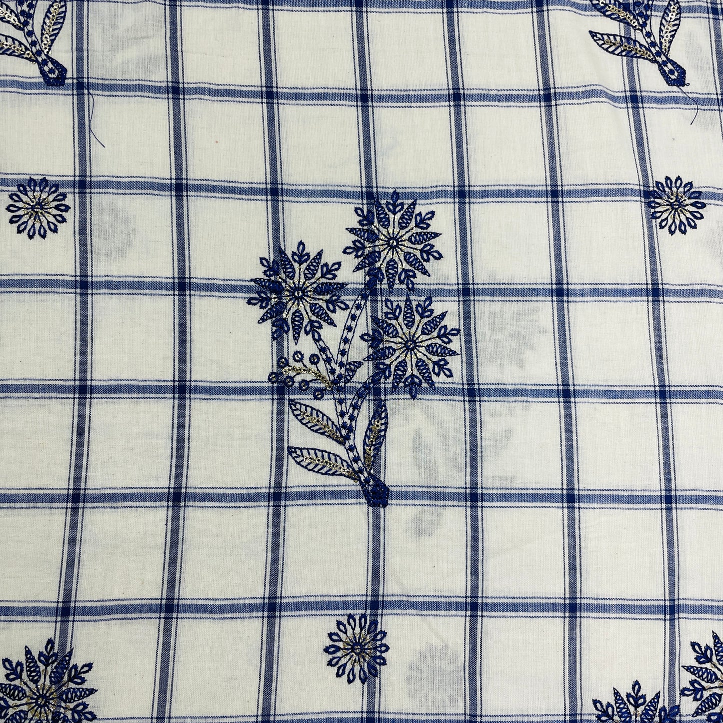 White & Purple Check & Floral Sequence Thread Embroidery - TradeUNO