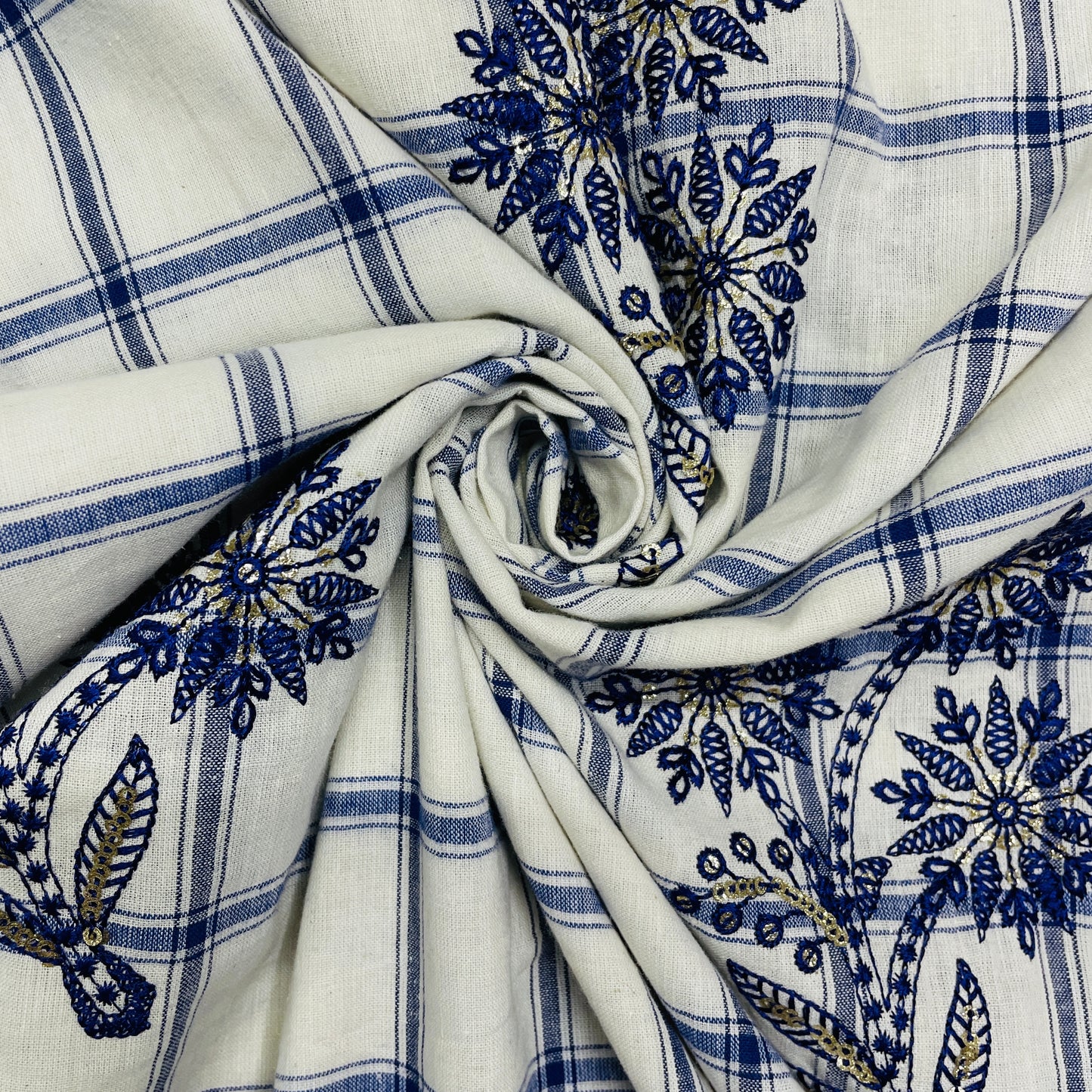 White & Purple Check & Floral Sequence Thread Embroidery - TradeUNO