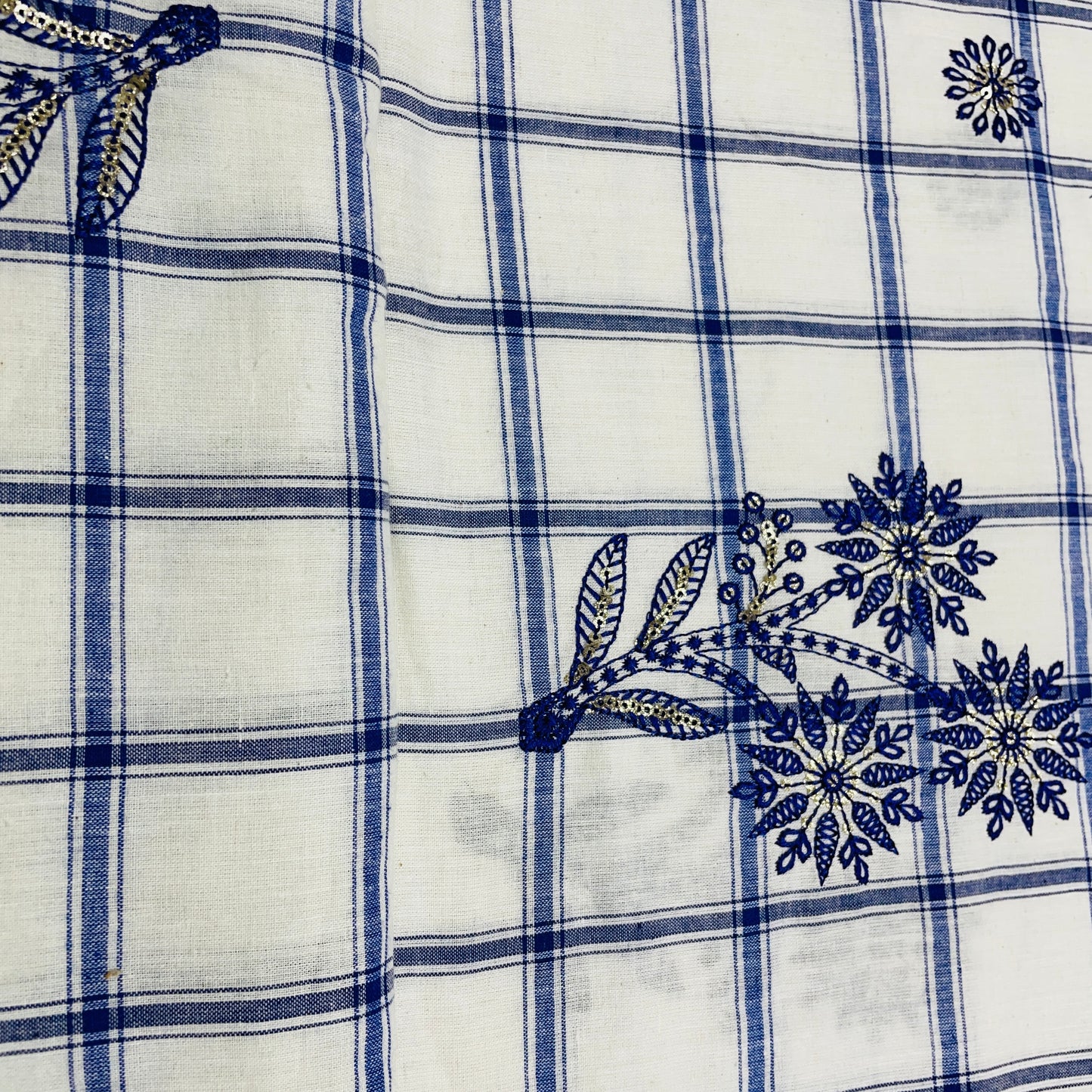White & Purple Check & Floral Sequence Thread Embroidery - TradeUNO