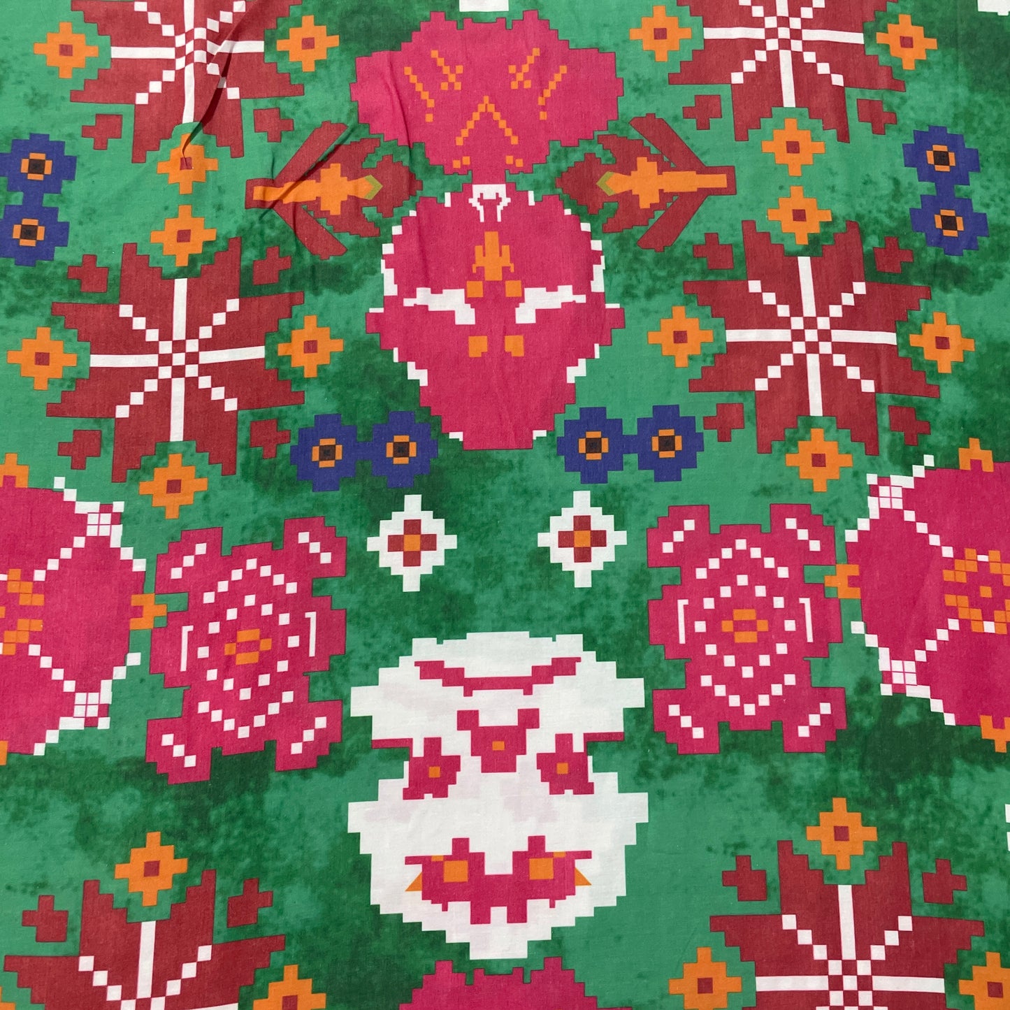 Green & Multicolor Geometerical Print Cotton Satin Fabric - TradeUNO