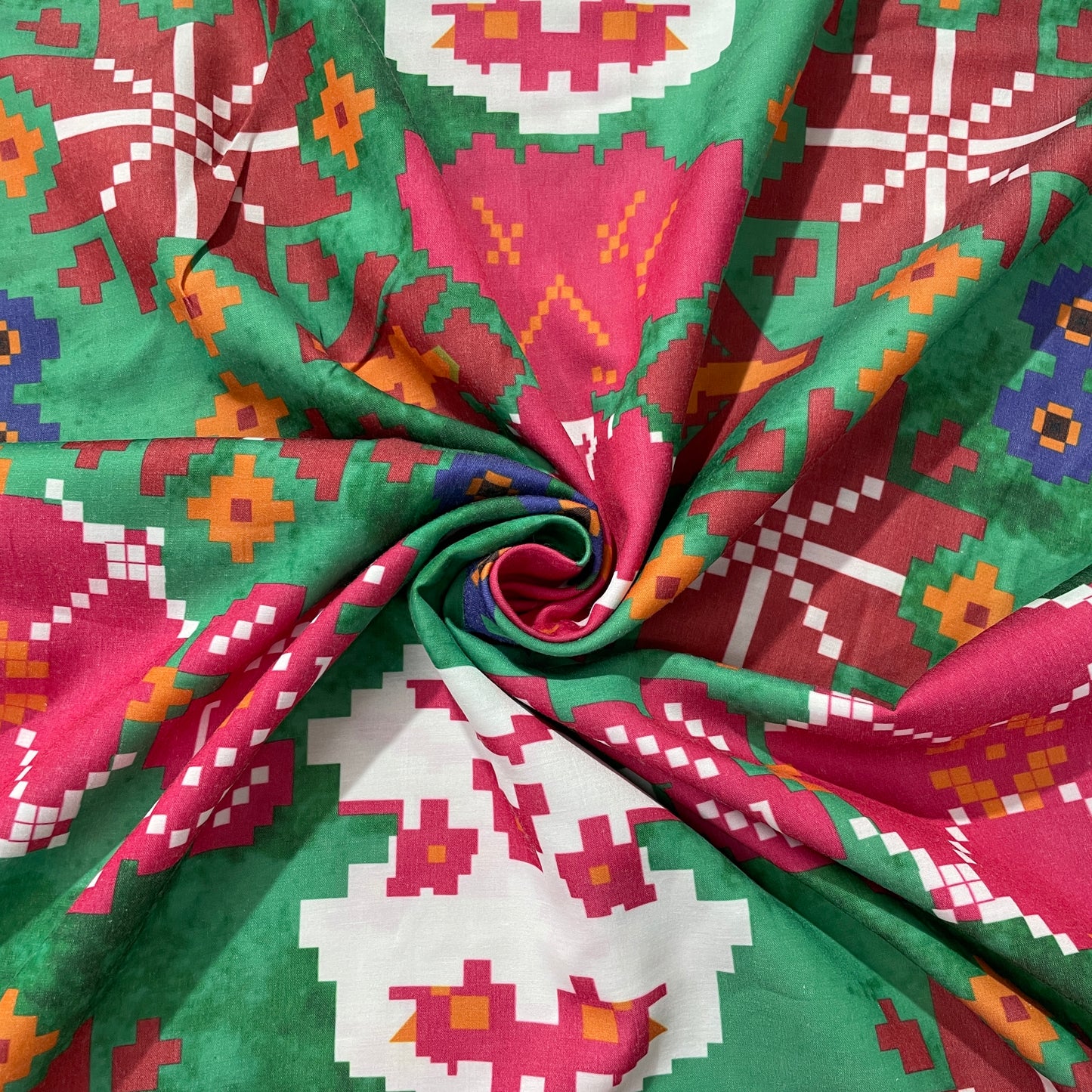 Green & Multicolor Geometerical Print Cotton Satin Fabric - TradeUNO
