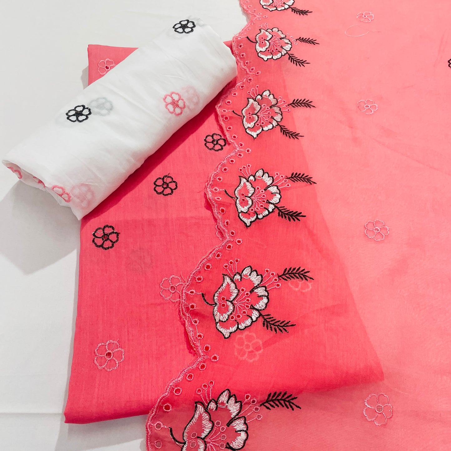 Pink & Black Floral Embroidery Cotton Suit Set With Dupatta - TradeUNO