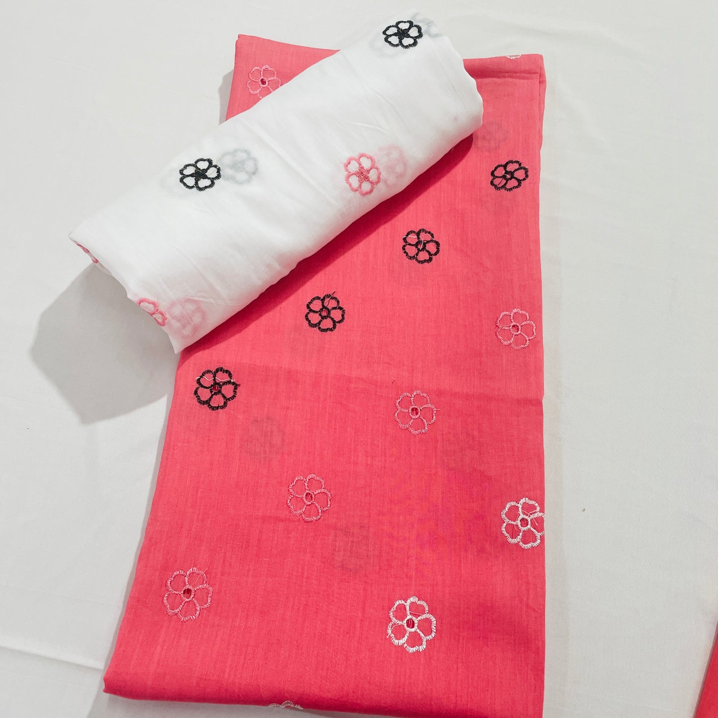 Pink & Black Floral Embroidery Cotton Suit Set With Dupatta - TradeUNO